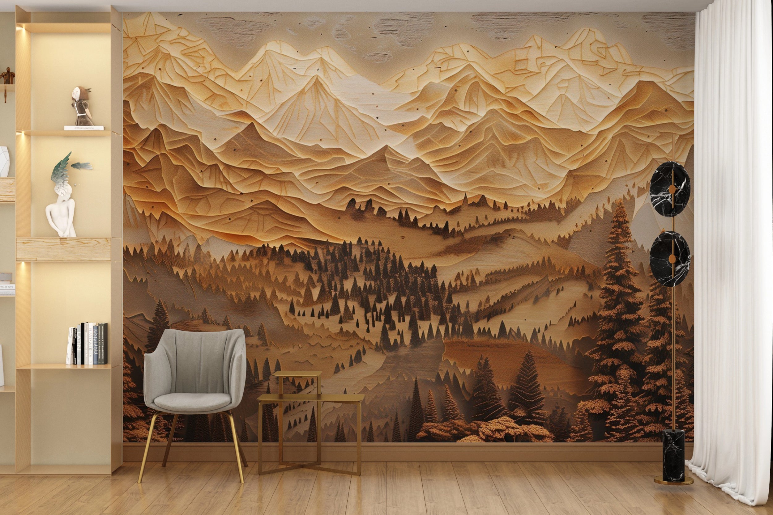 Mountains and Pine Trees in Wood Carving Style Mural, Peel and Stick Wooden Look Landscape Art, Beige and Brown Nature Wallpaper