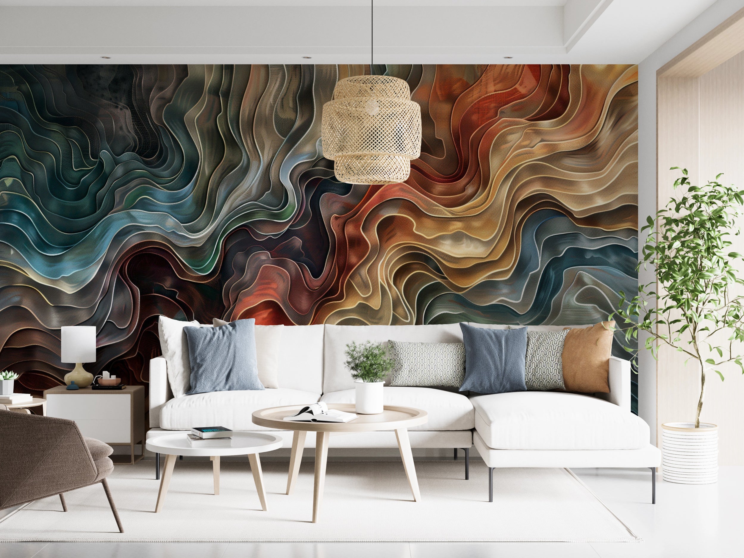 Colorful Wavy Mural, Abstract Line Art, Peel and Stick Accent Wall Geometrical Wallpaper, Removable Alcohol Ink Wall Decor