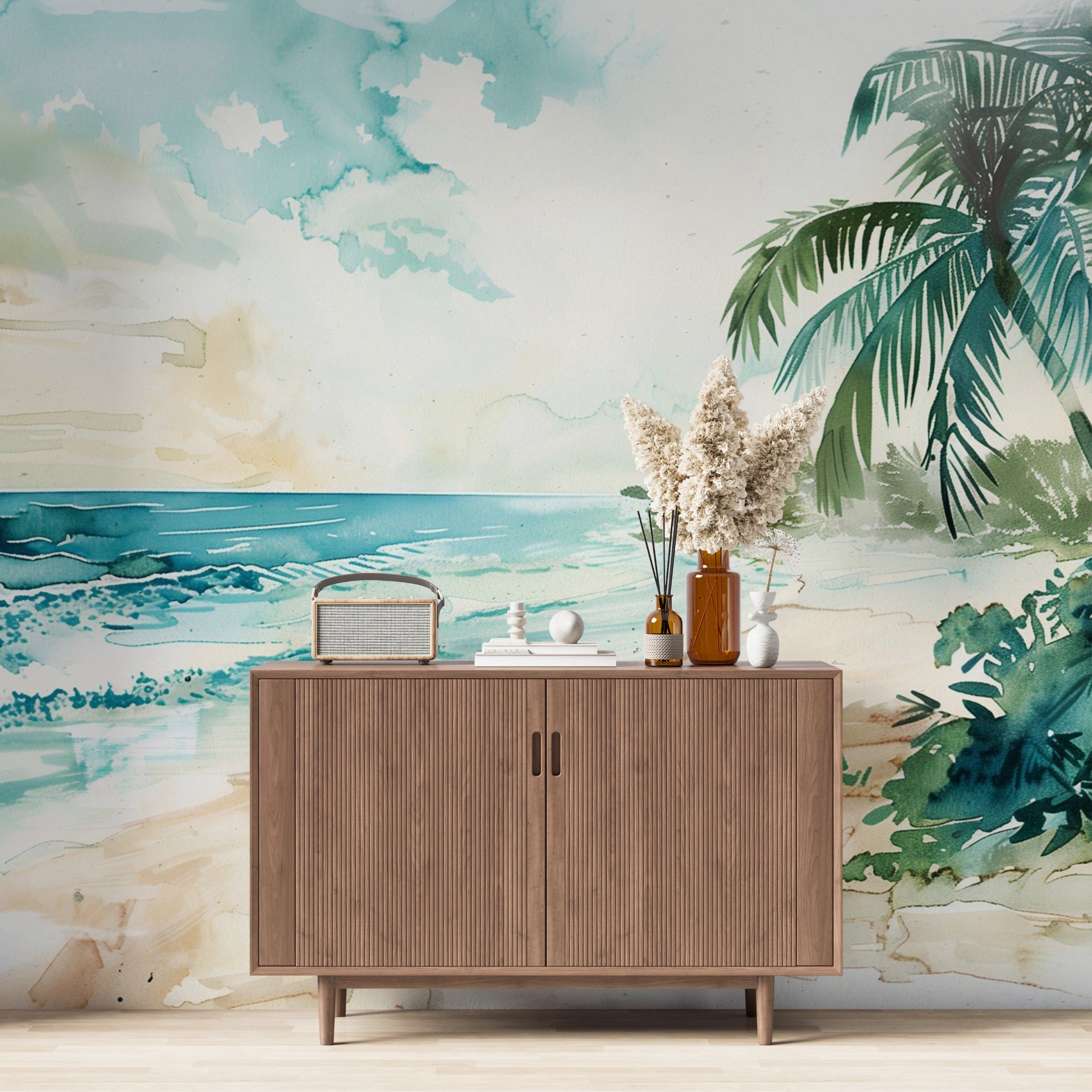 Coastal Mural, Peel and Stick Watercolor Paradise Beach Wallpaper, Ocean and Palm Tree Dreamy Wall Decor