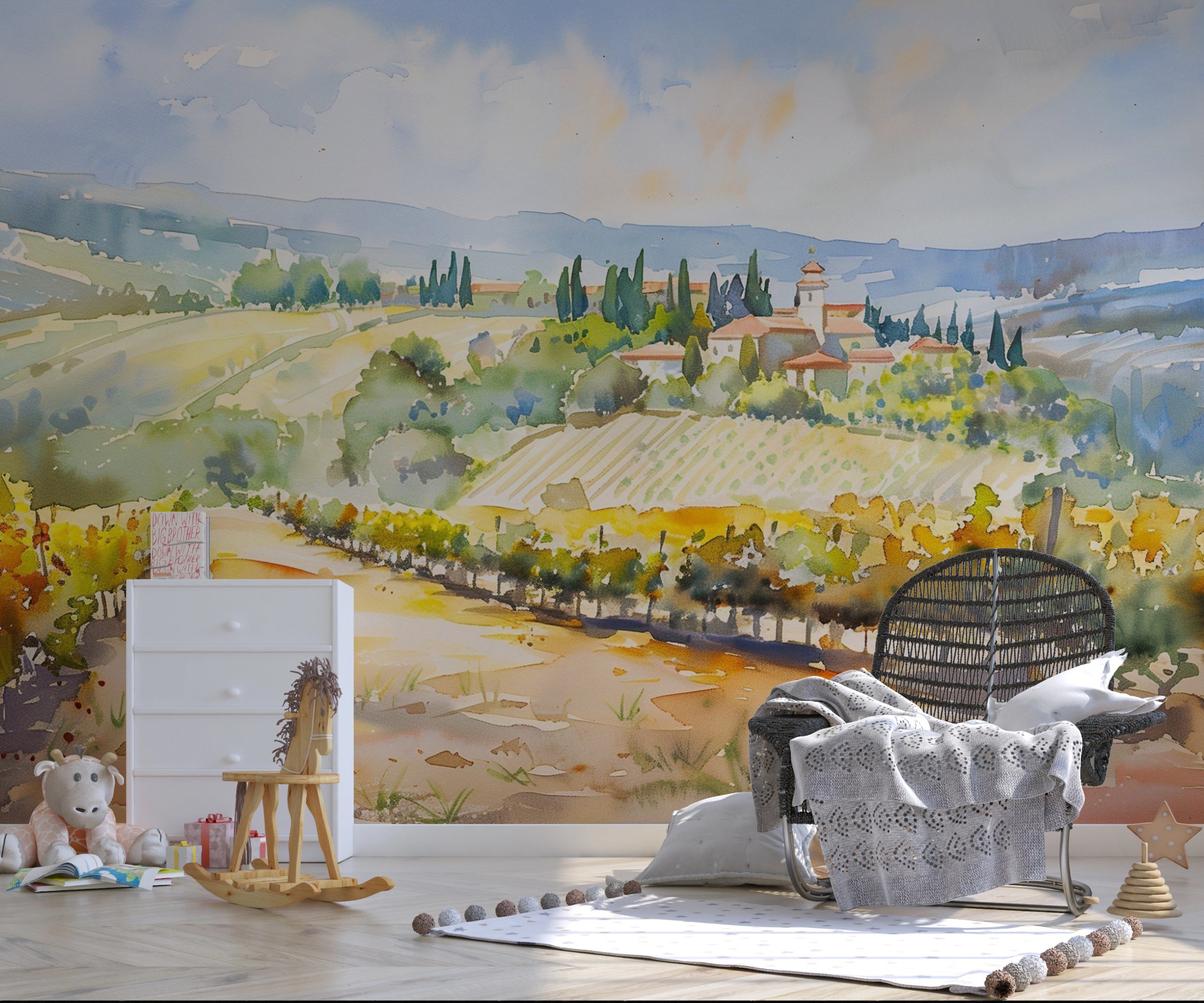 Watercolor Vineyard Wall Mural, Peel and Stick Italian Landscape Wallpaper, Field and House Scenic Removable Mural