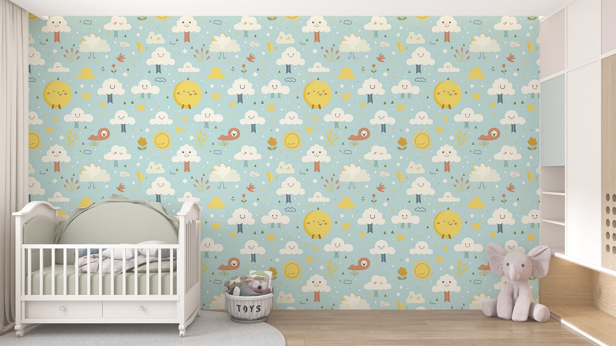 Whimsical Sun and Clouds Nursery Wallpaper Design