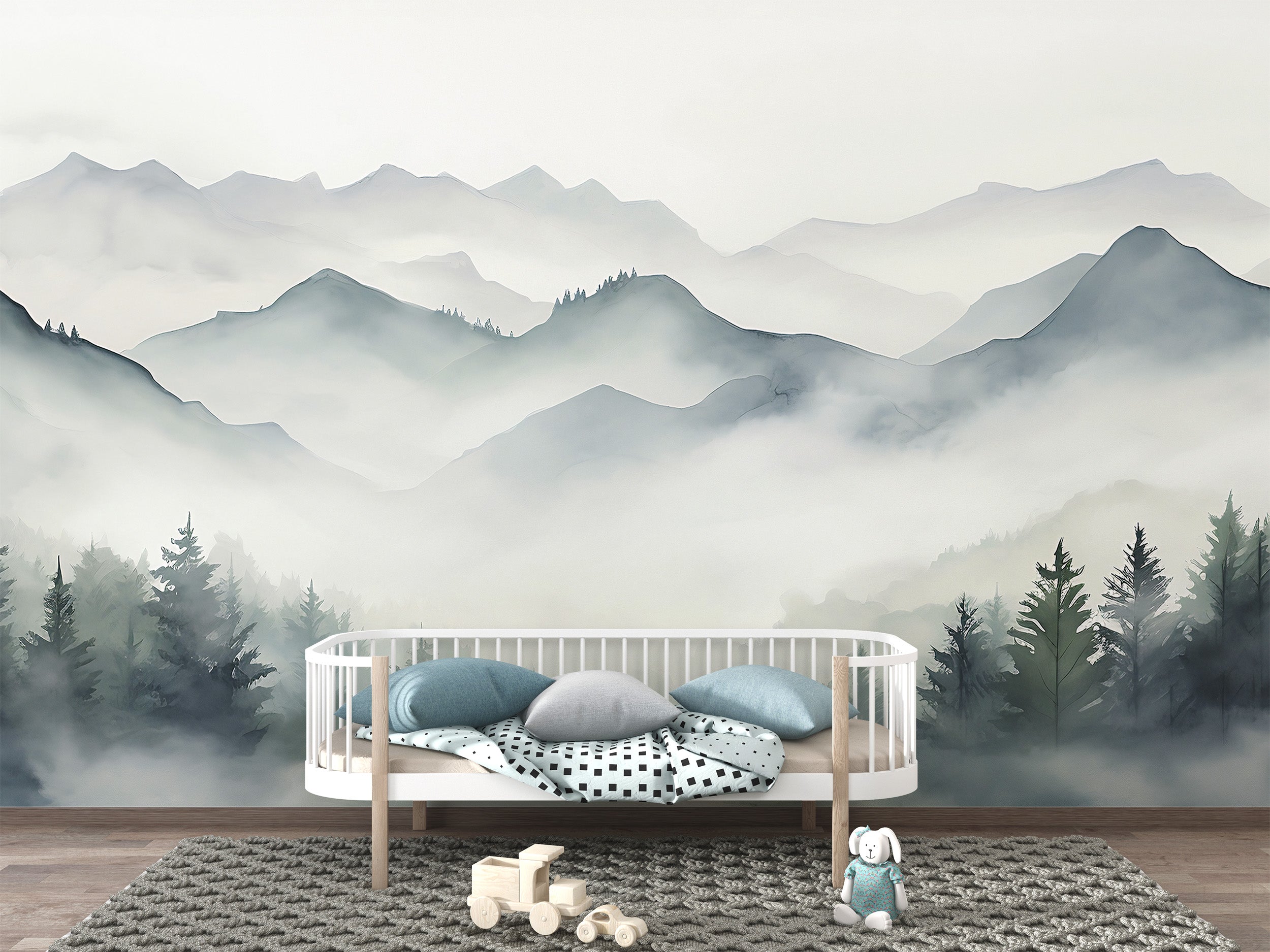 Watercolor Foggy Landscape Wall ArtBlue Mountains Mural for Tranquil Room Ambiance