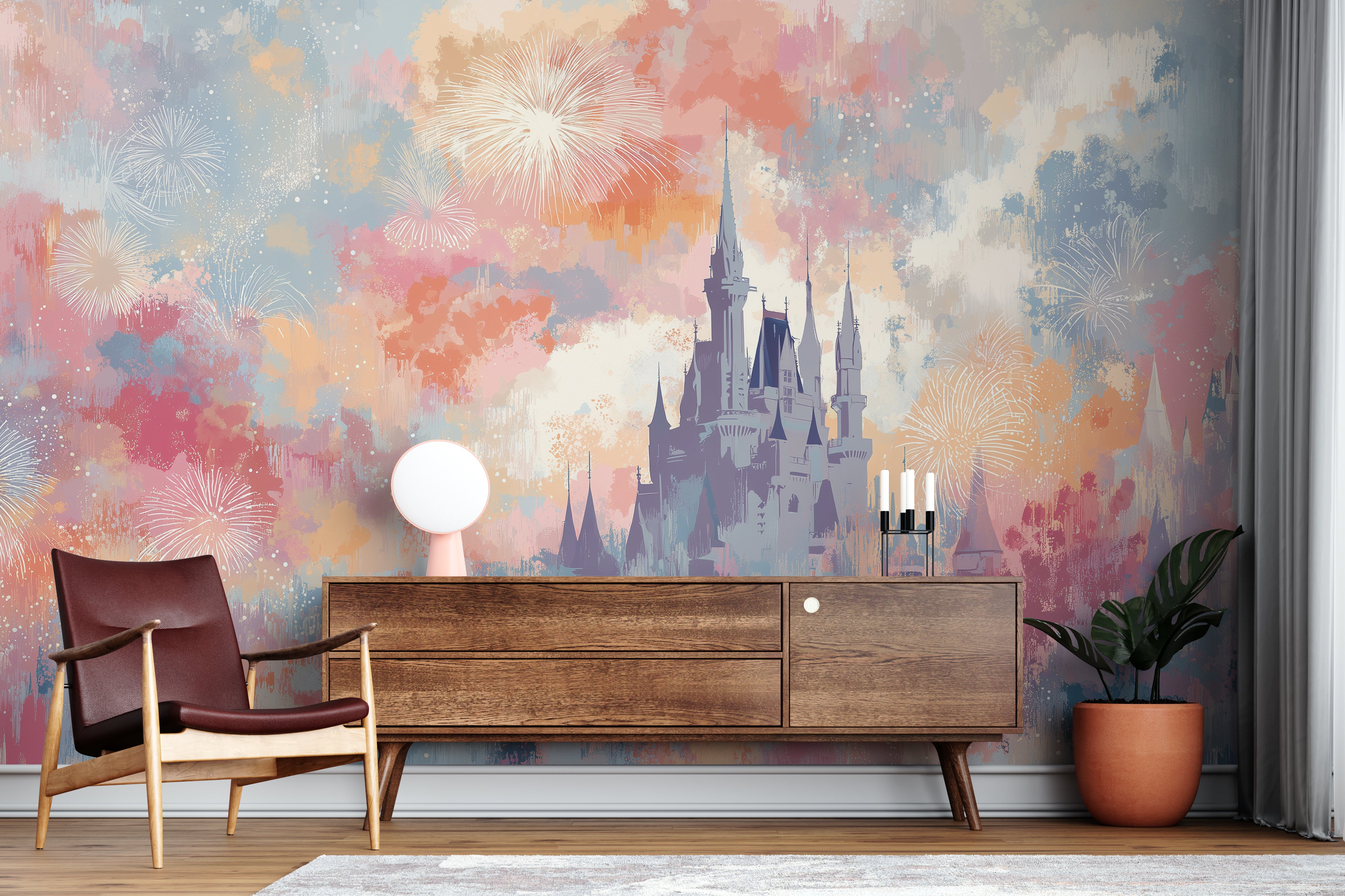 whimsical castle silhouette with pastel clouds wall art