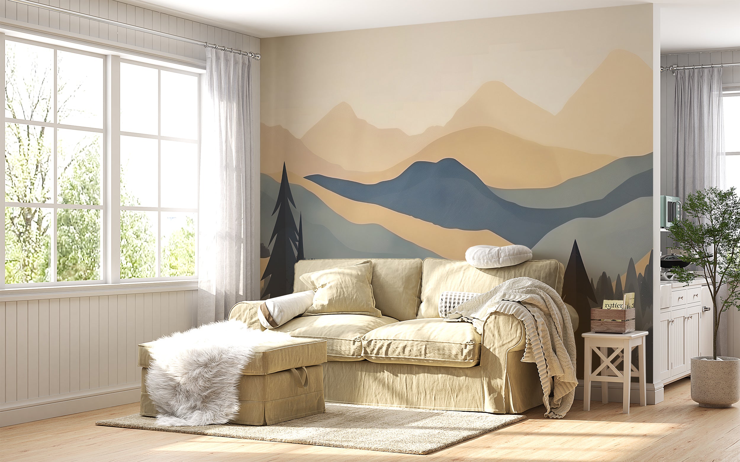 Boho Mountains and Forest Mural, Peel and Stick Landscape Mural, Beige and Blue Nature Wallpaper, Soft Watercolor Mountains Decor