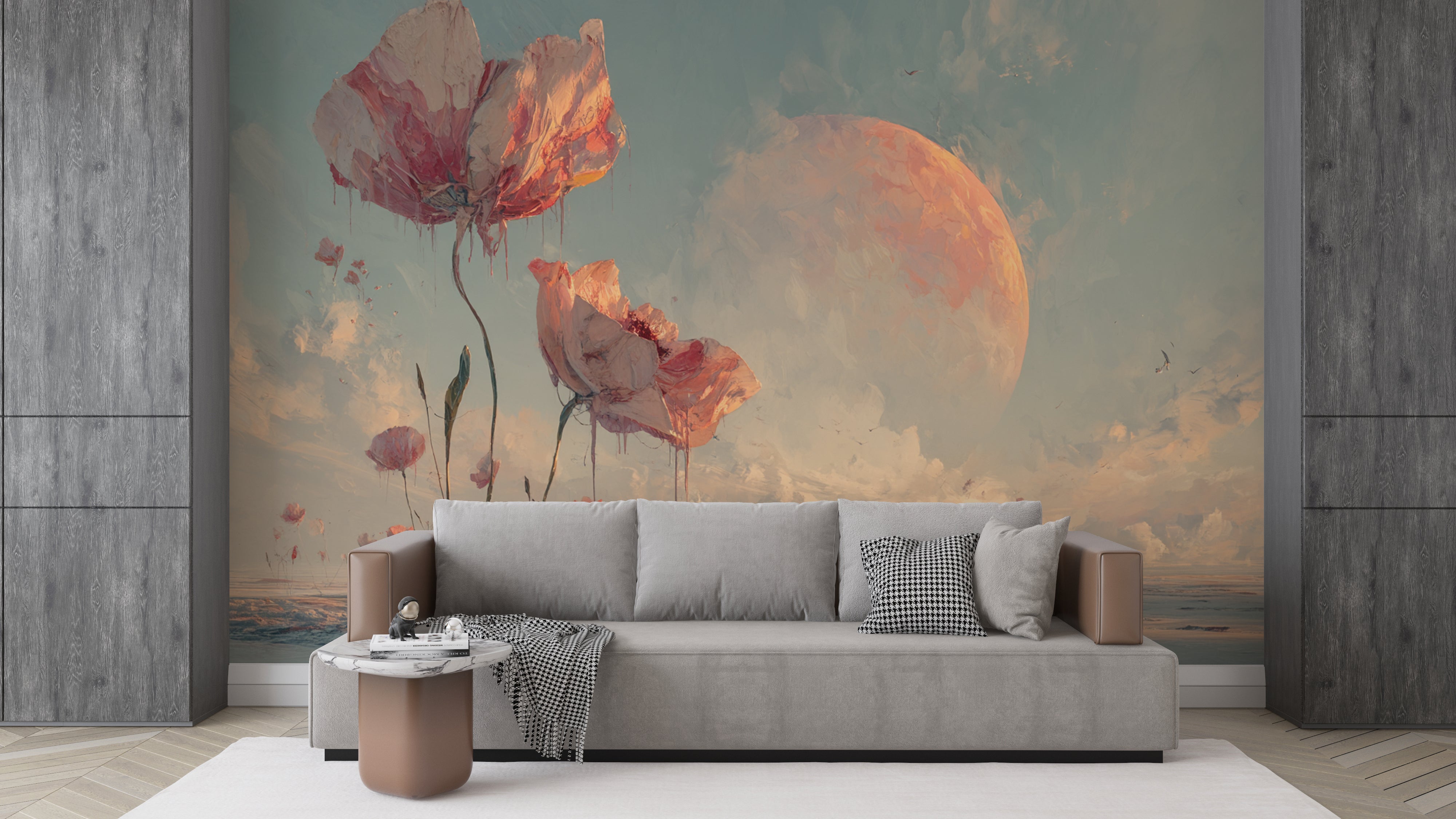 Surreal Floral Wallpaper Mural – Giant Pink Flowers in Dream Desert Landscape with Moon, Fantasy Wall Art for Bedroom or Creative Space