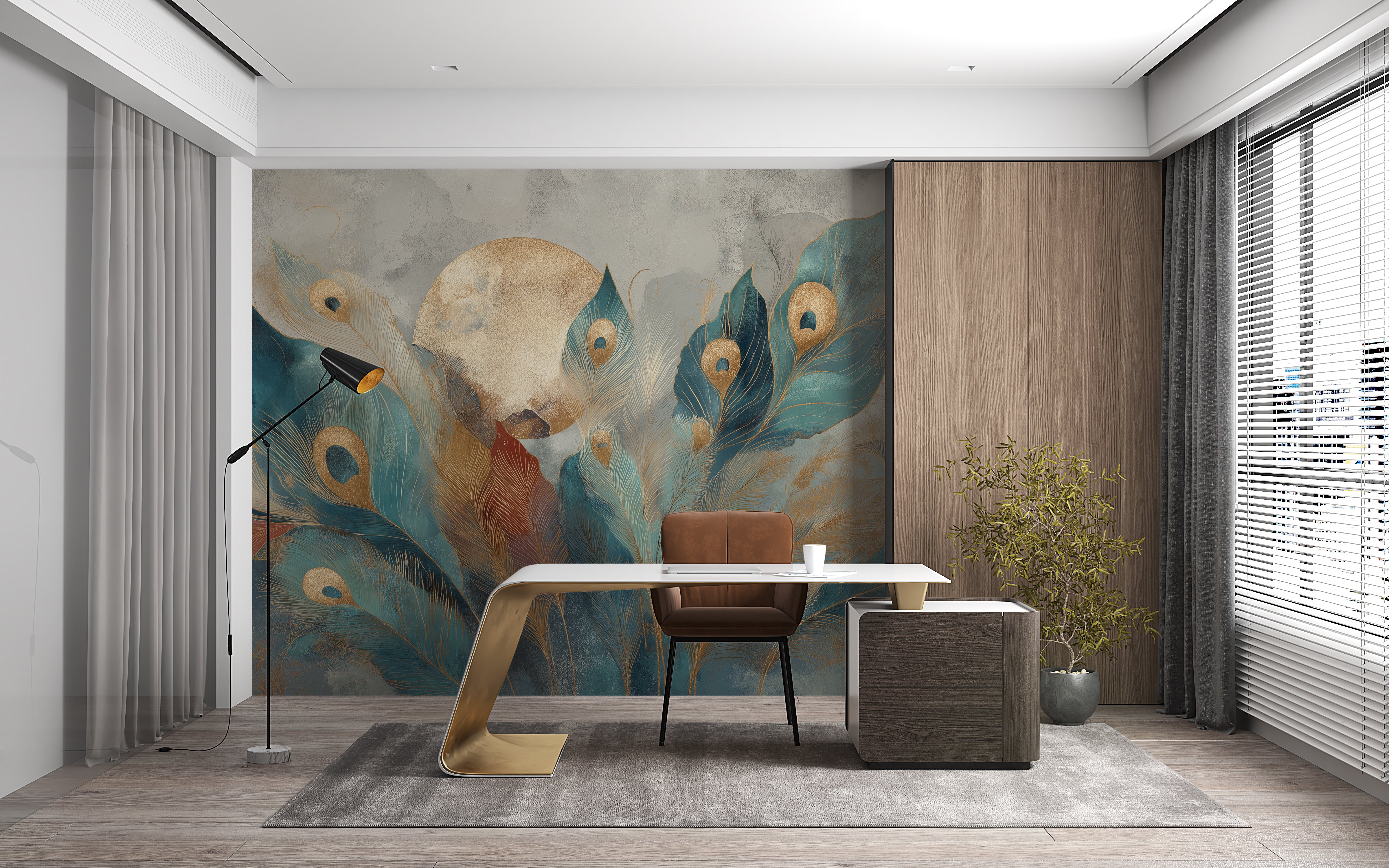 Artistic feather wall mural in teal, gold, and bronze