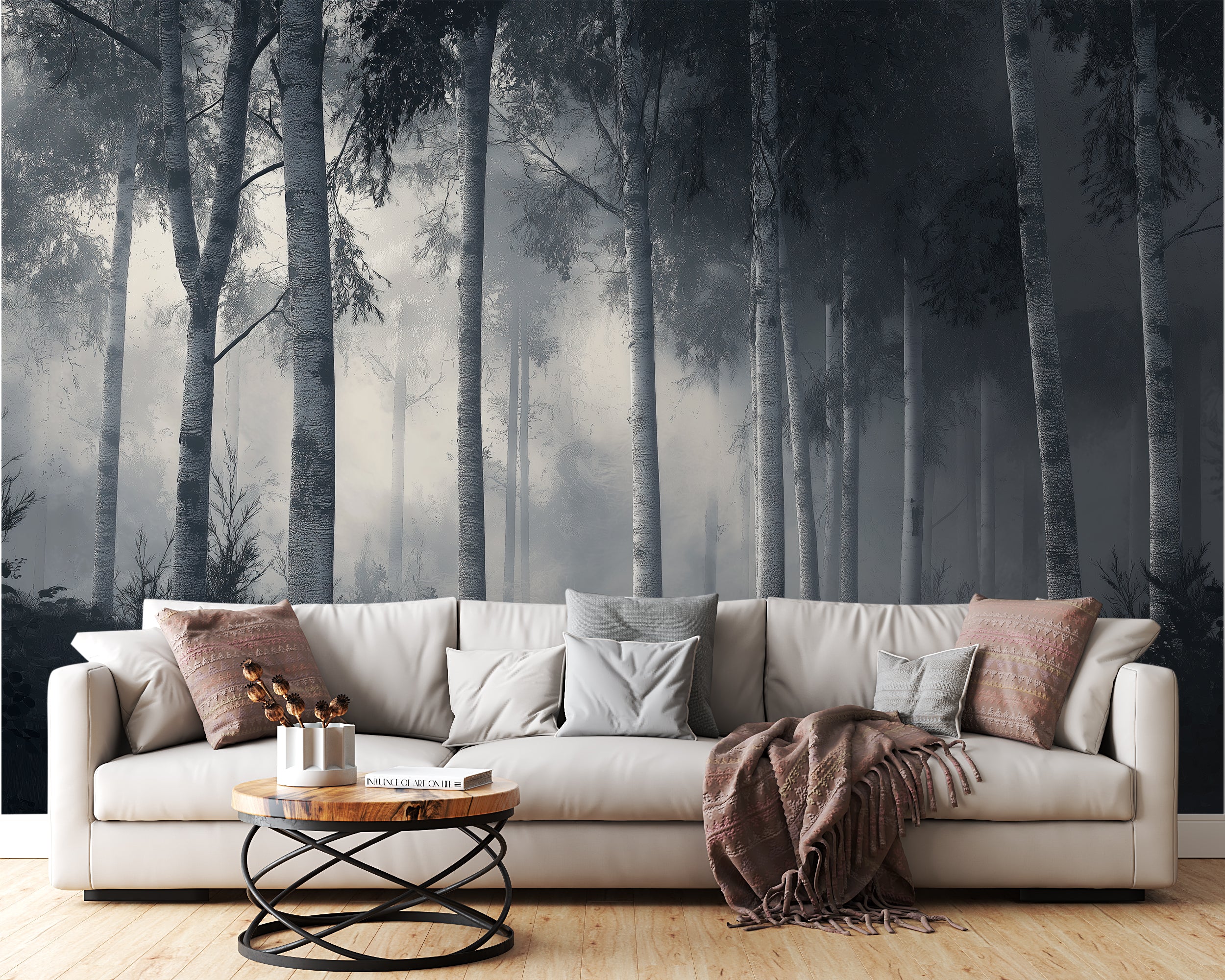 Forest Misty Trees Wallpaper – Nature Wall Decor, Woodland Scene, Black & White Aesthetic
