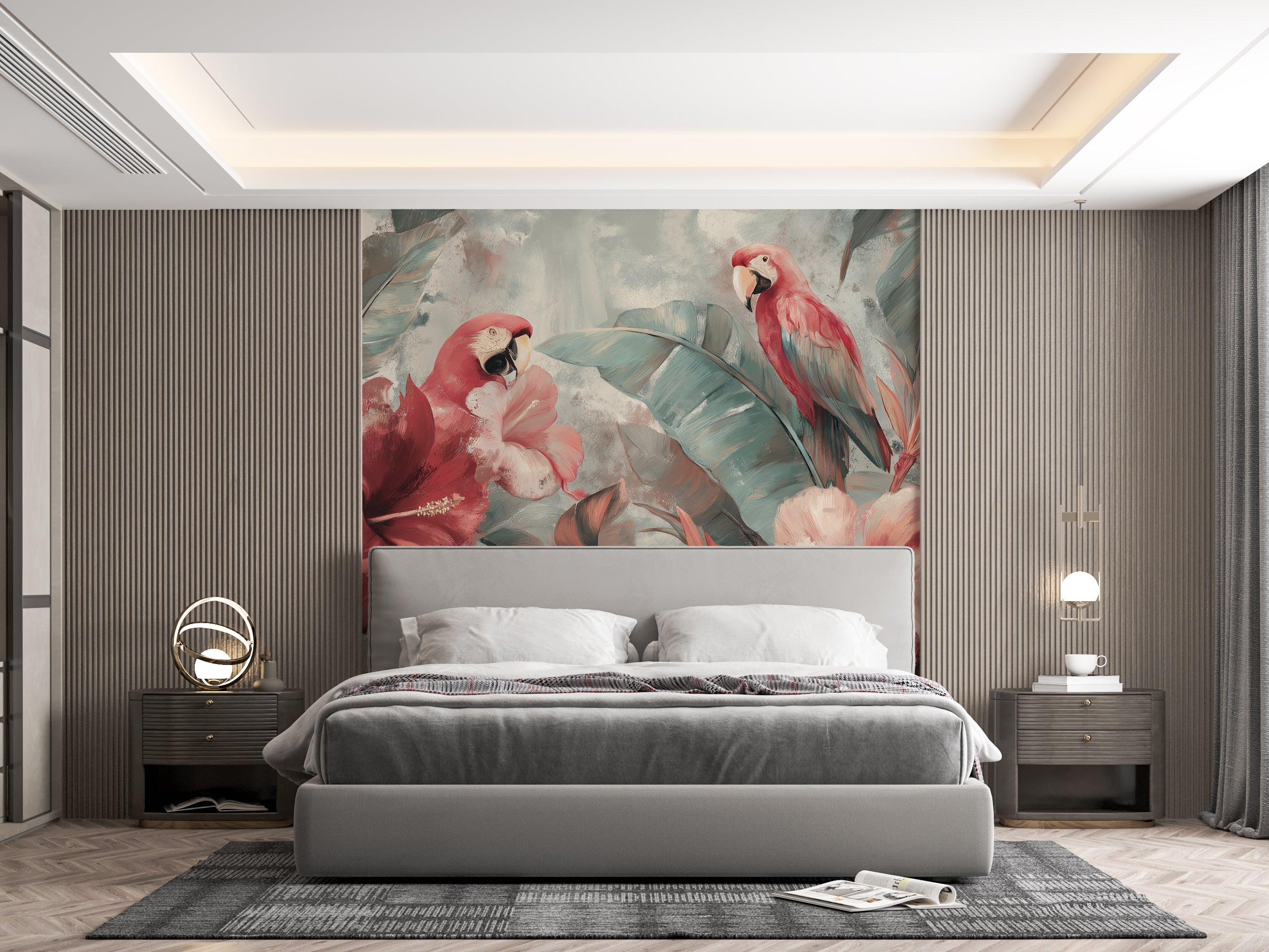 Coral and blush floral wallpaper with banana leaves