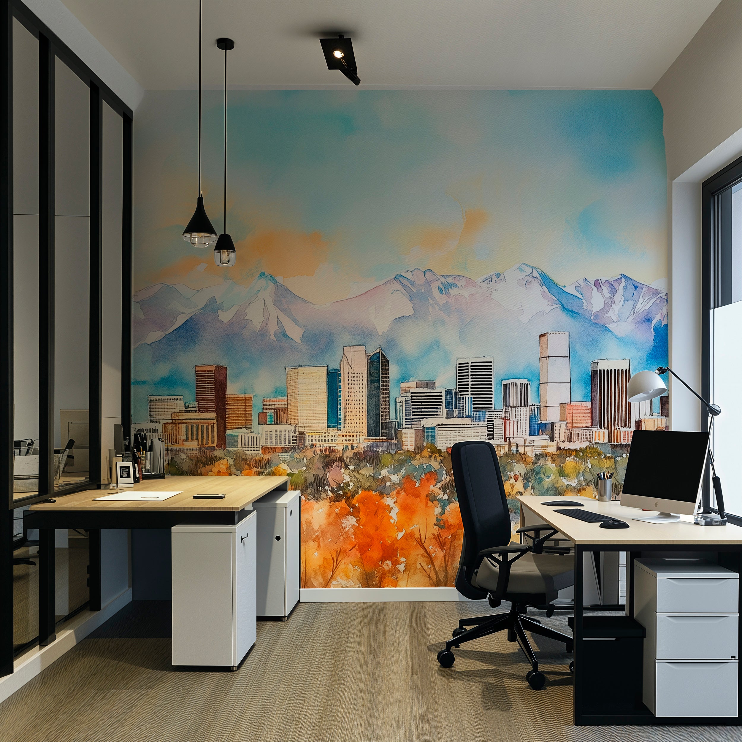 Denver Downtown Wall Mural, Peel and Stick Autumn Forest City and Mountains Wallpaper, Colorado Scenic Landscape Art