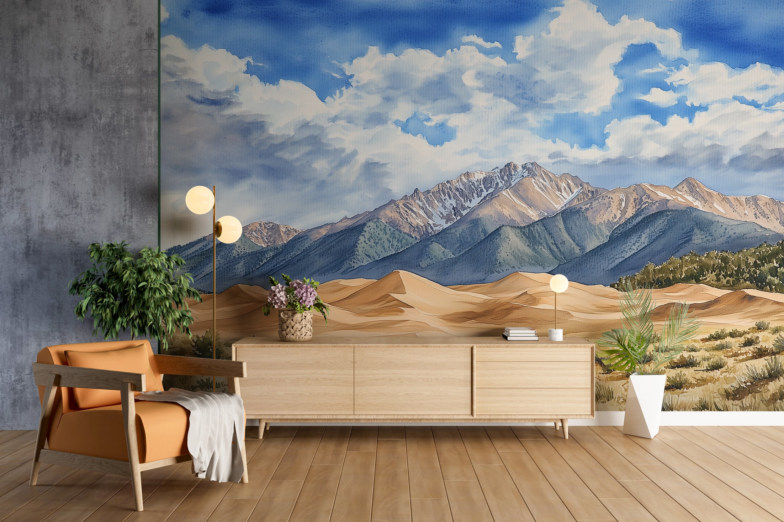 Colorado Sweeping Sand Dunes Mural, Peel and Stick Mountains Wallpaper, Watercolor Landscape Accent Wall Art