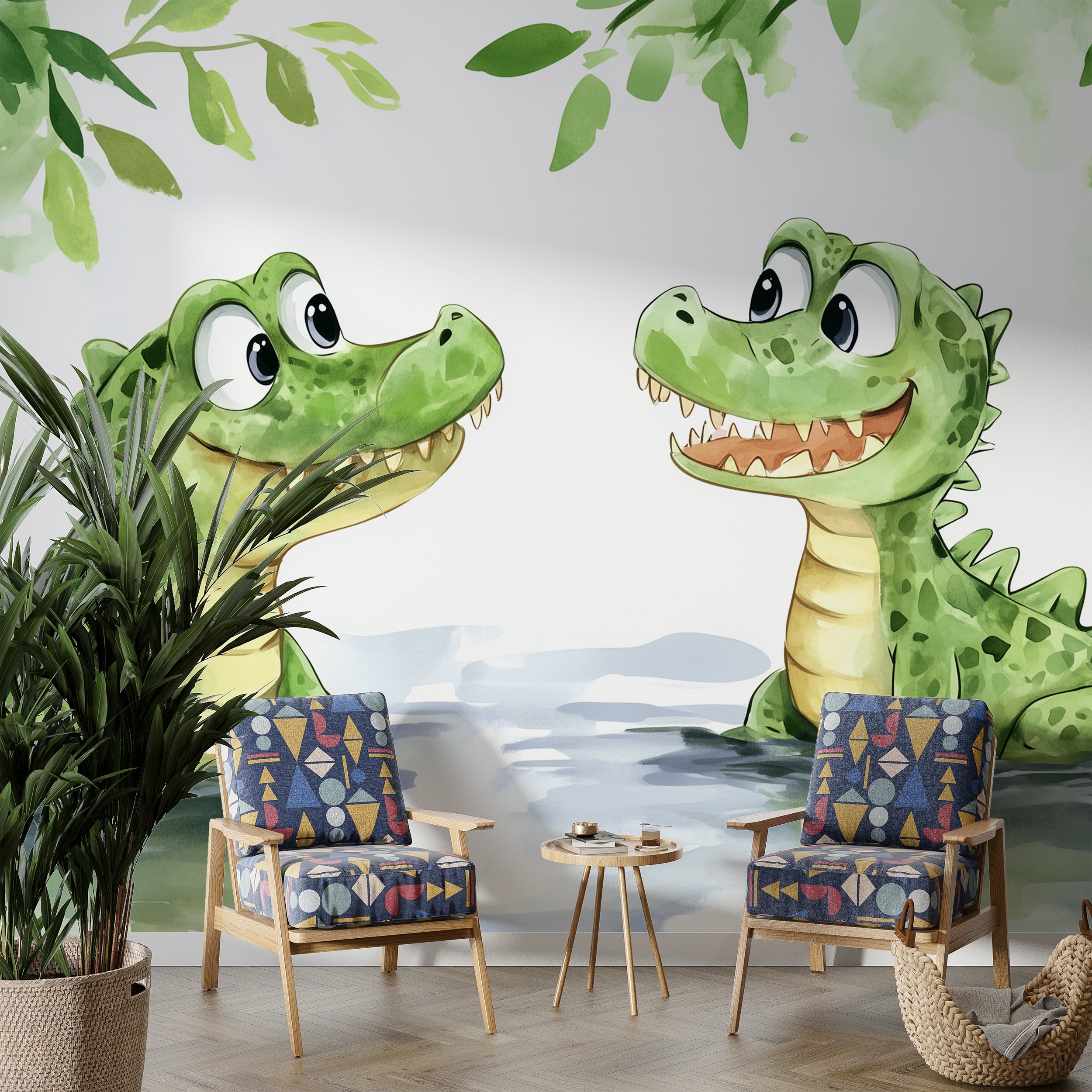 Cute Crocodiles Wall Mural, Peel and Stick Cartoon Style Alligators in the River Wallpaper, Nursery Watercolor Animals Art