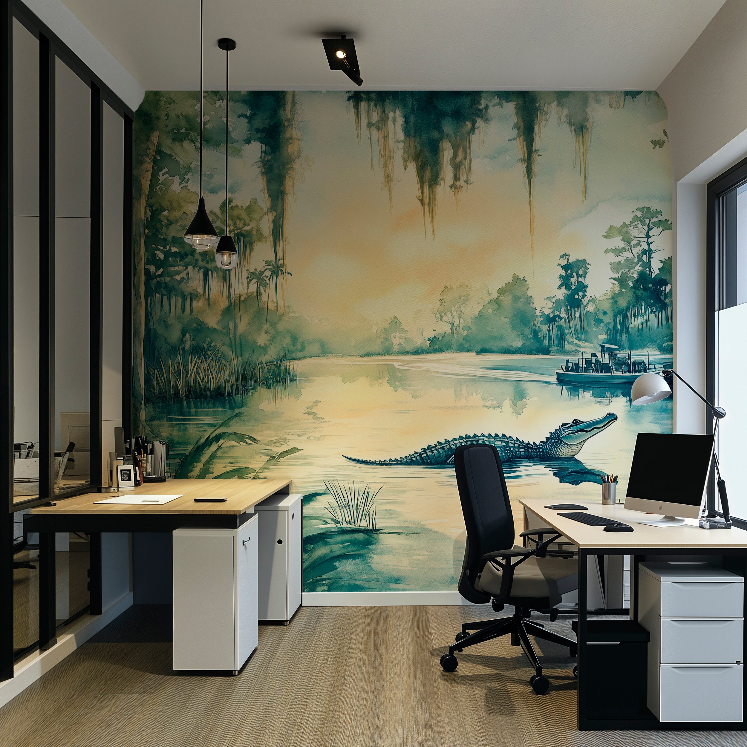 Vintage Scenic River Wall Mural, Peel and Stick Alligators in Wild Nature Wallpaper, Florida Jungle River Wall Mural