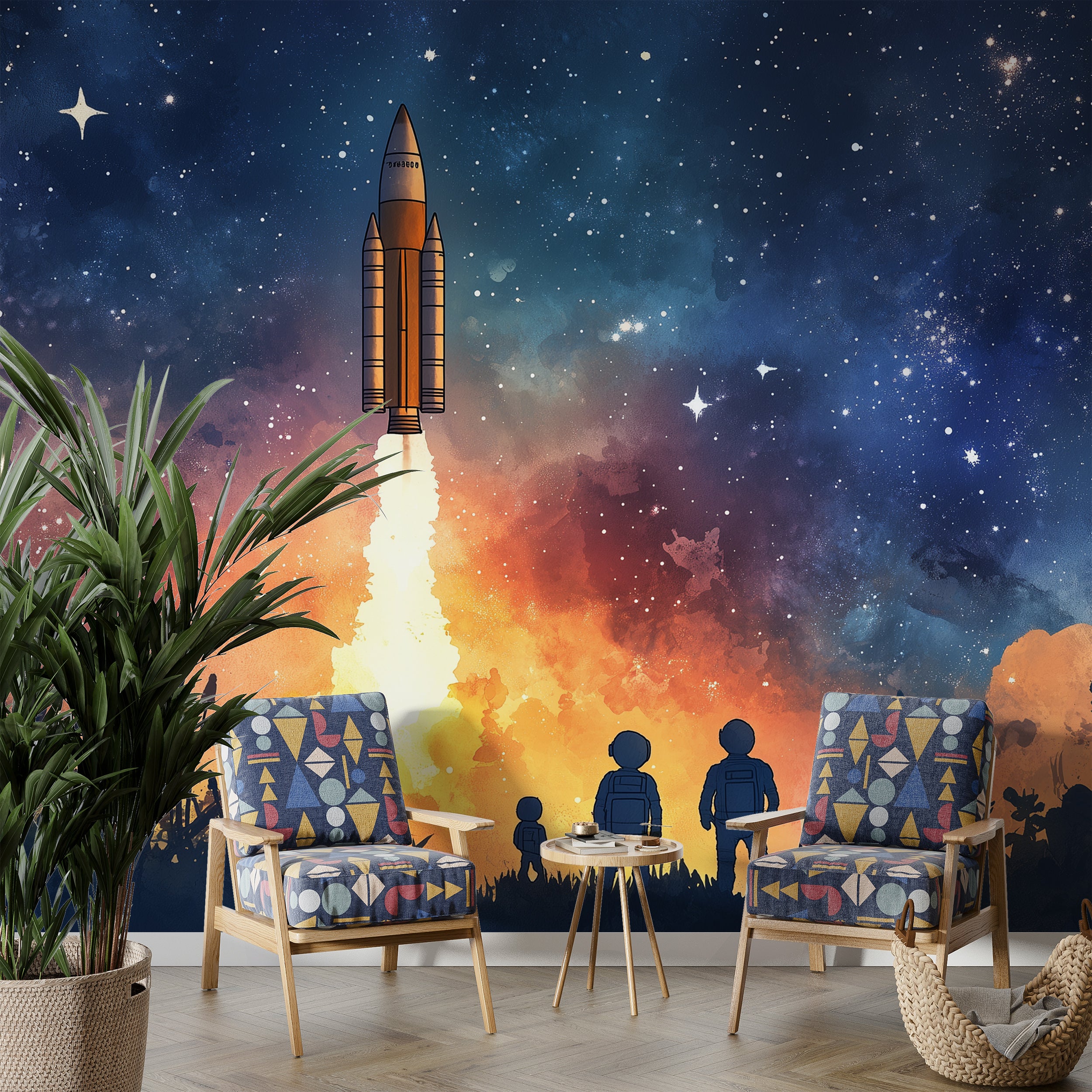 Rocket Launch Pad Wall Mural, Peel and Stick Starry Night Wallpaper, Astronauts Celestial Mural, Watercolor Stars Art