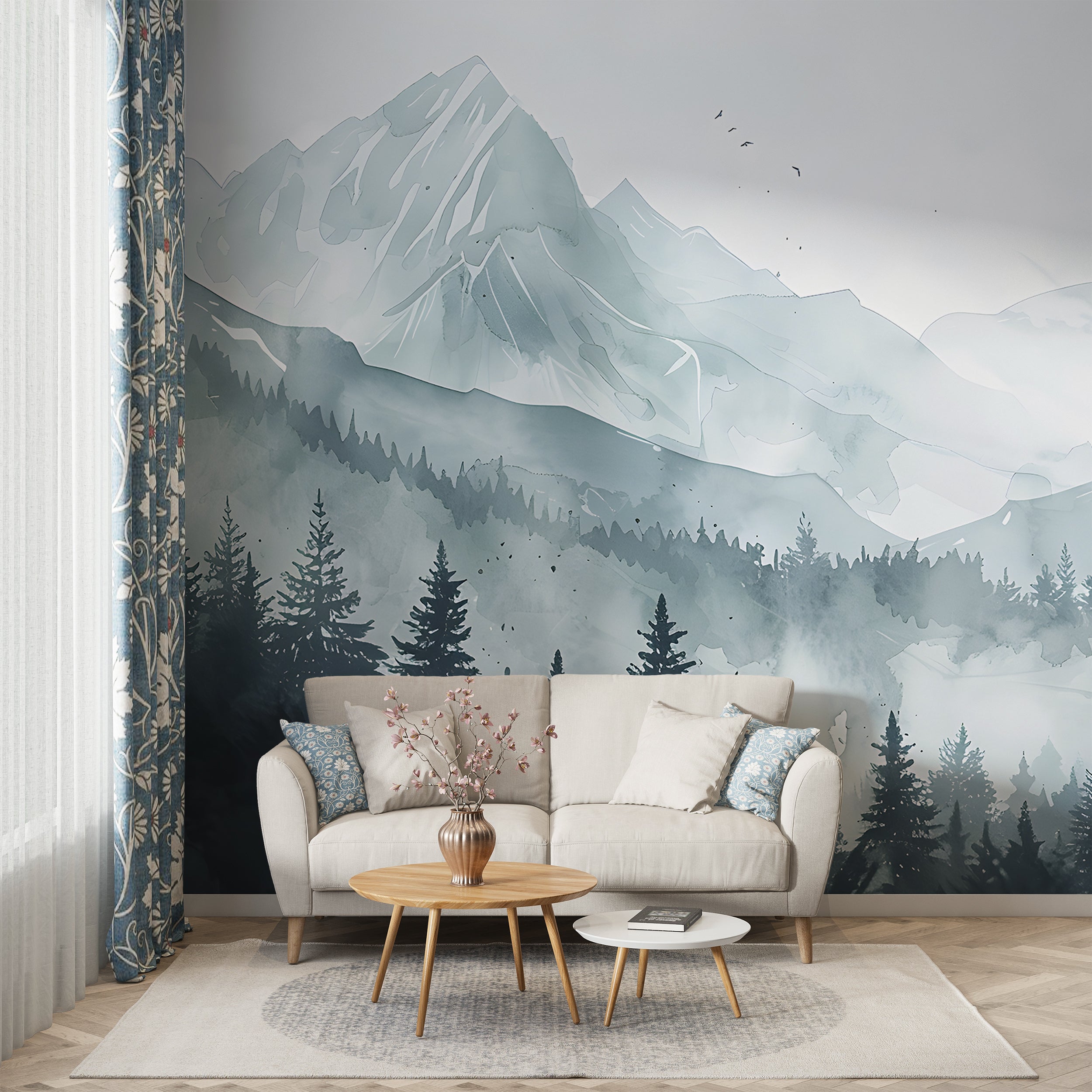 Mountain and Forest Landscape Mural, Watercolor Mountains Wallpaper, Peel and Stick Pine Forest Wall Decal, Nursery Blue Mountain Mural