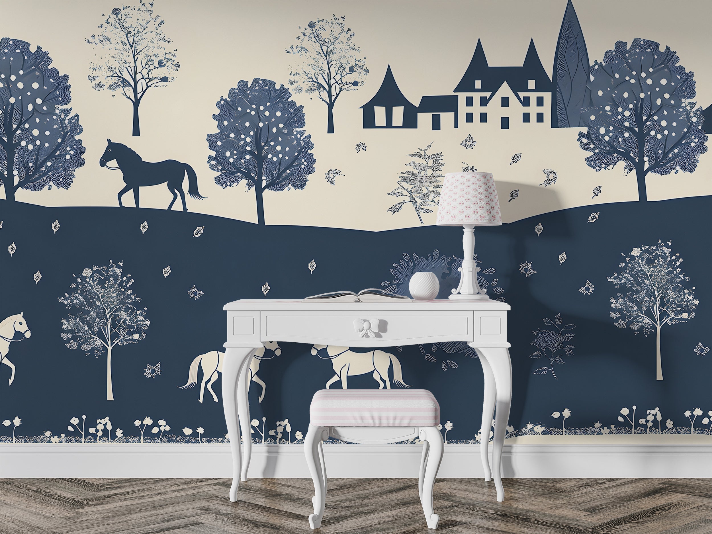 Blue and Beige Traditional Wallpaper, Watercolor Old Town Landscape Mural, Horizontal Seamless Pattern Classic Wallpaper, Peel and Stick House and Horses