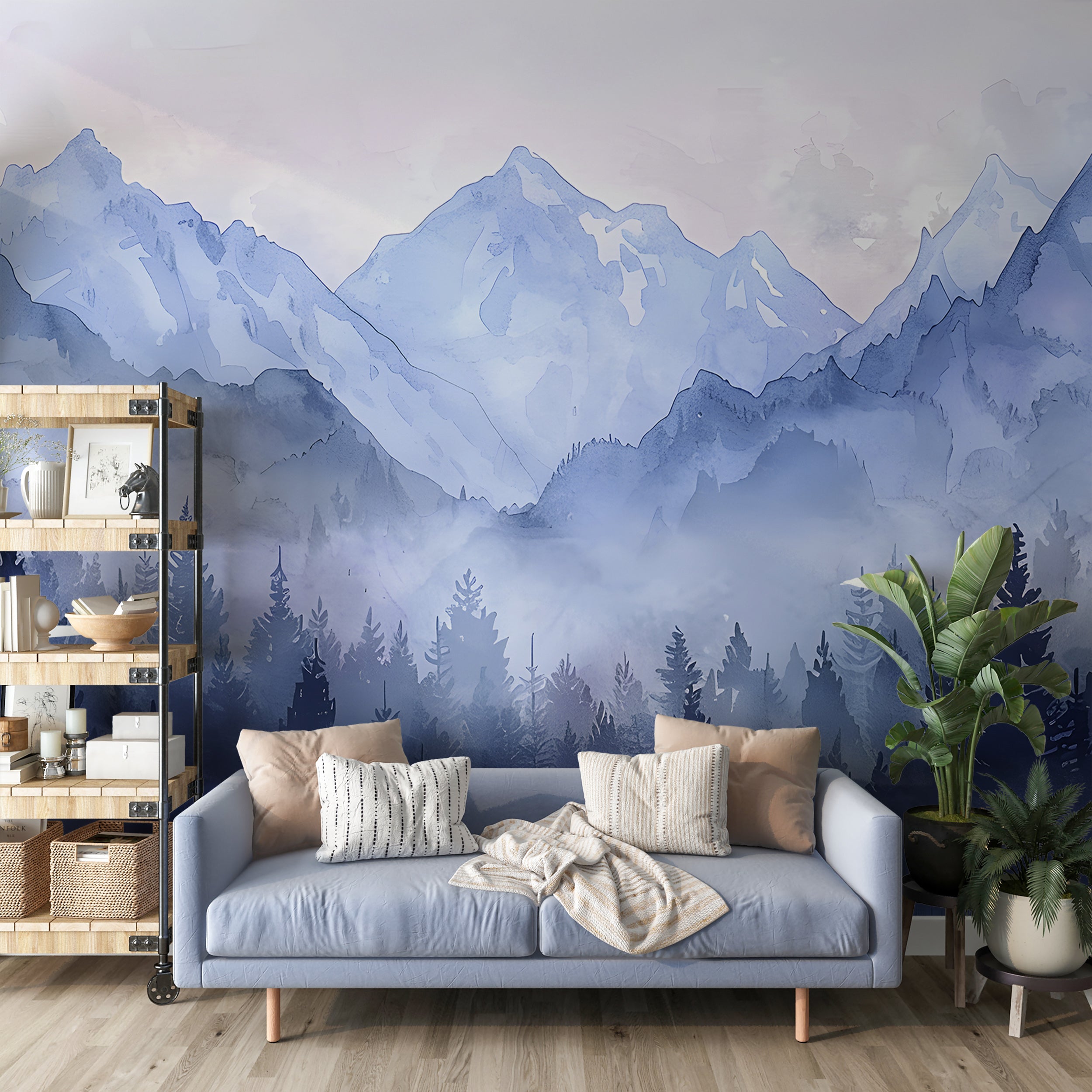 Watercolor Pastel Blue Mountains Mural, Forest and Mountain Landscape Wallpaper, Self-adhesive Removable Blue Nature Nursery Decal