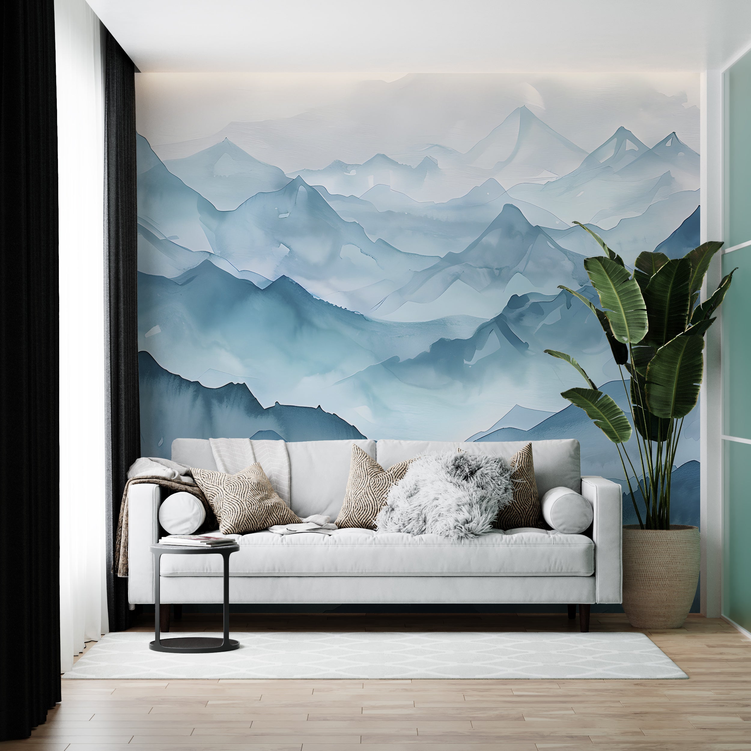 Abstract Blue Mountains Mural, Peel and Stick Foggy Mountain Wallpaper, Watercolor Misty Landscape Art, Nursery Blue Nature Decal