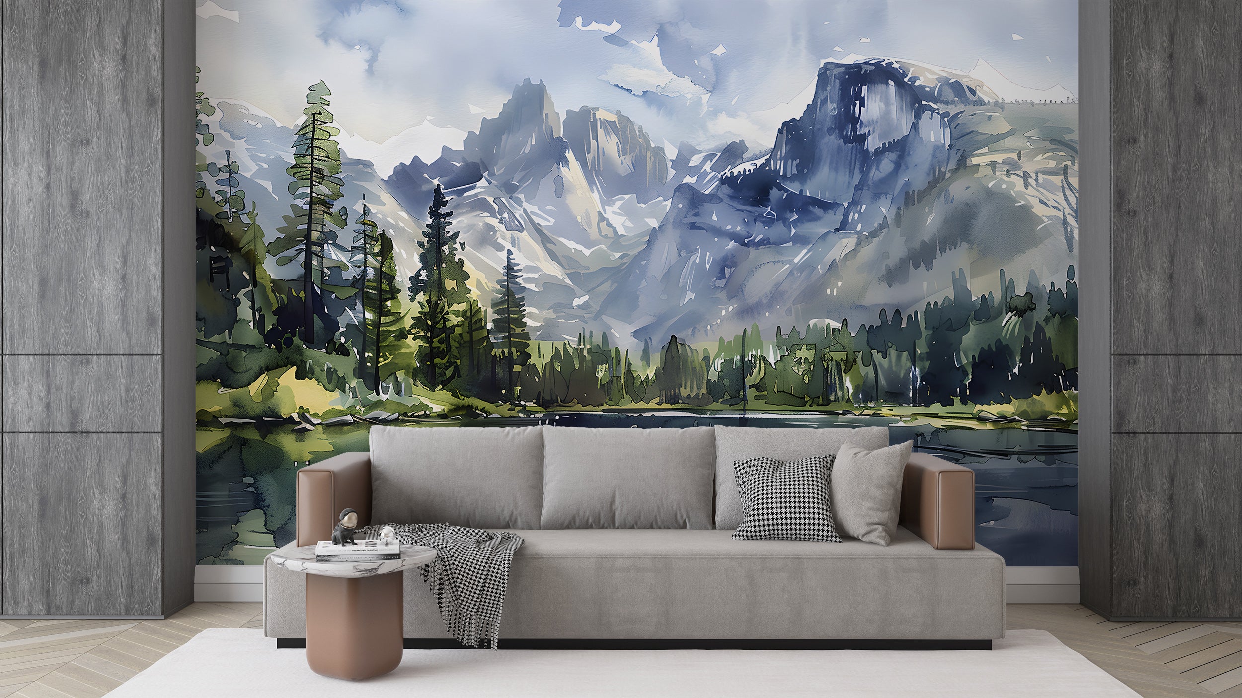 Watercolor Mountain Lake Mural, National park Landscape, Peel and Stick Mountains and Forest Wallpaper, Wild Nature Wall Art