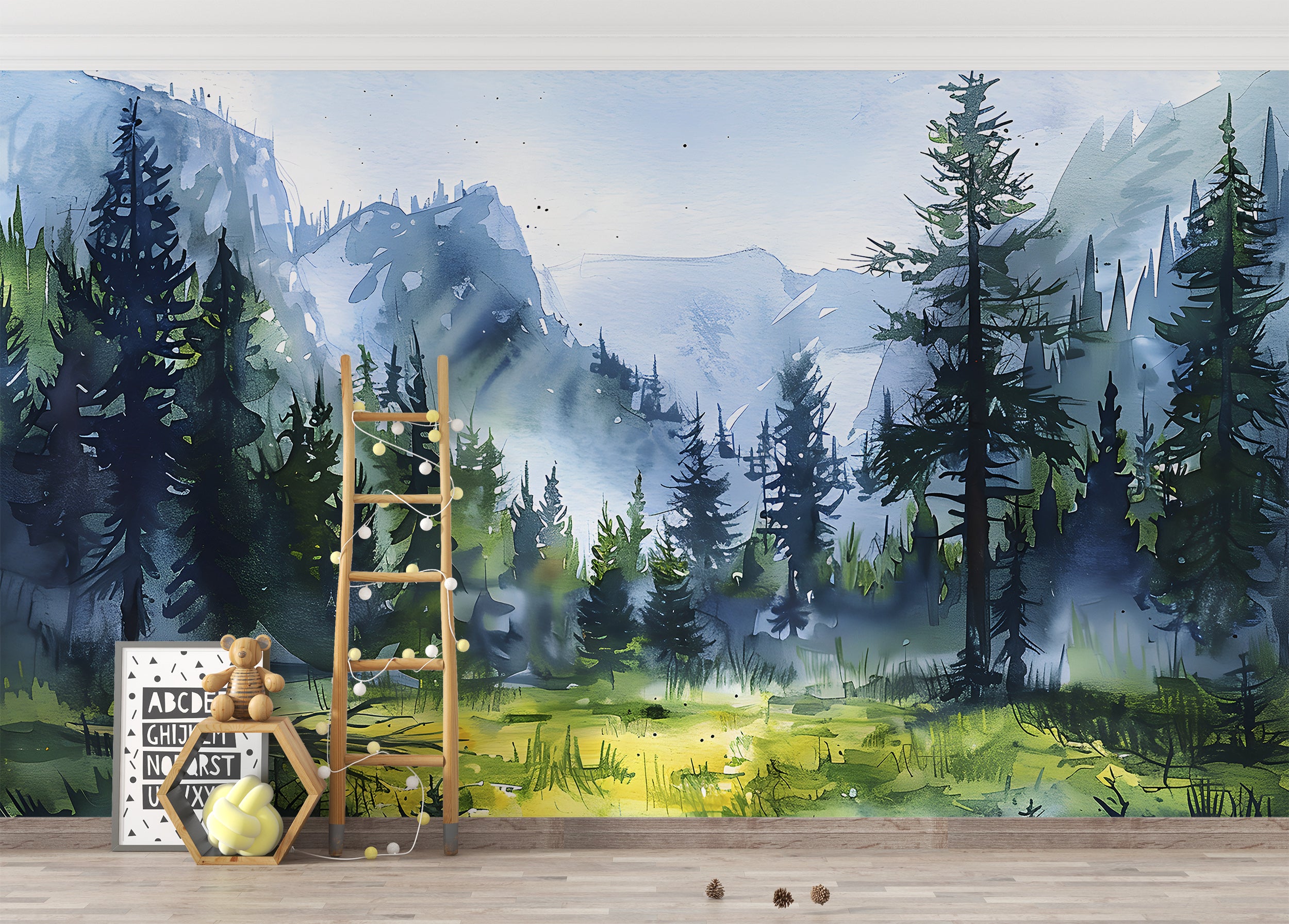 Watercolor Nature Wall Mural, Peel and Stick Mountain Landscape Art, Wild Forest Wallpaper, Removable Custom Size National Park Decal