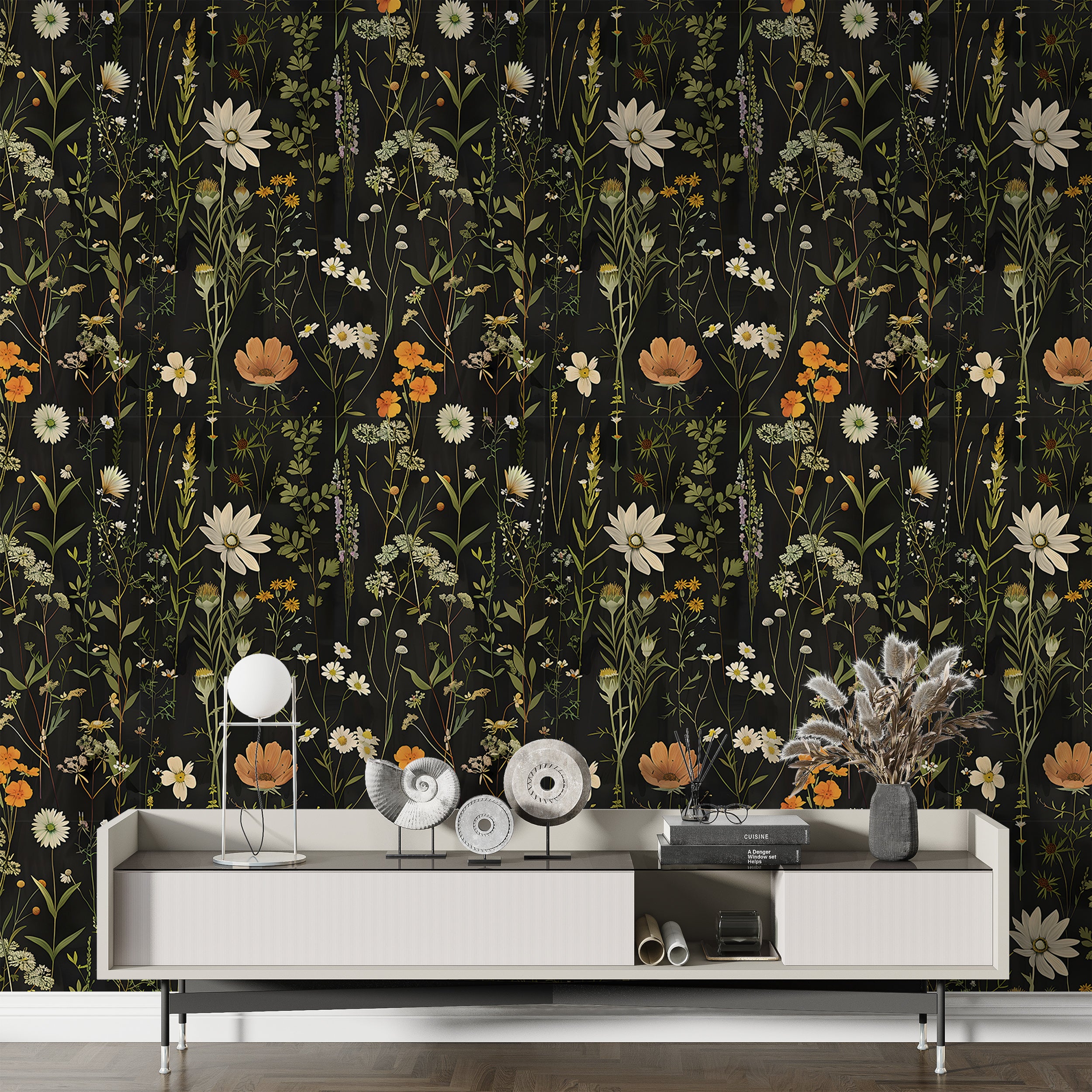 Meadow Flowers Wallpaper, Dark Botanical Decal, Peel and Stick Dark Floral, Vintage Flower Wallpaper, Removable Wild Flowers Black Background