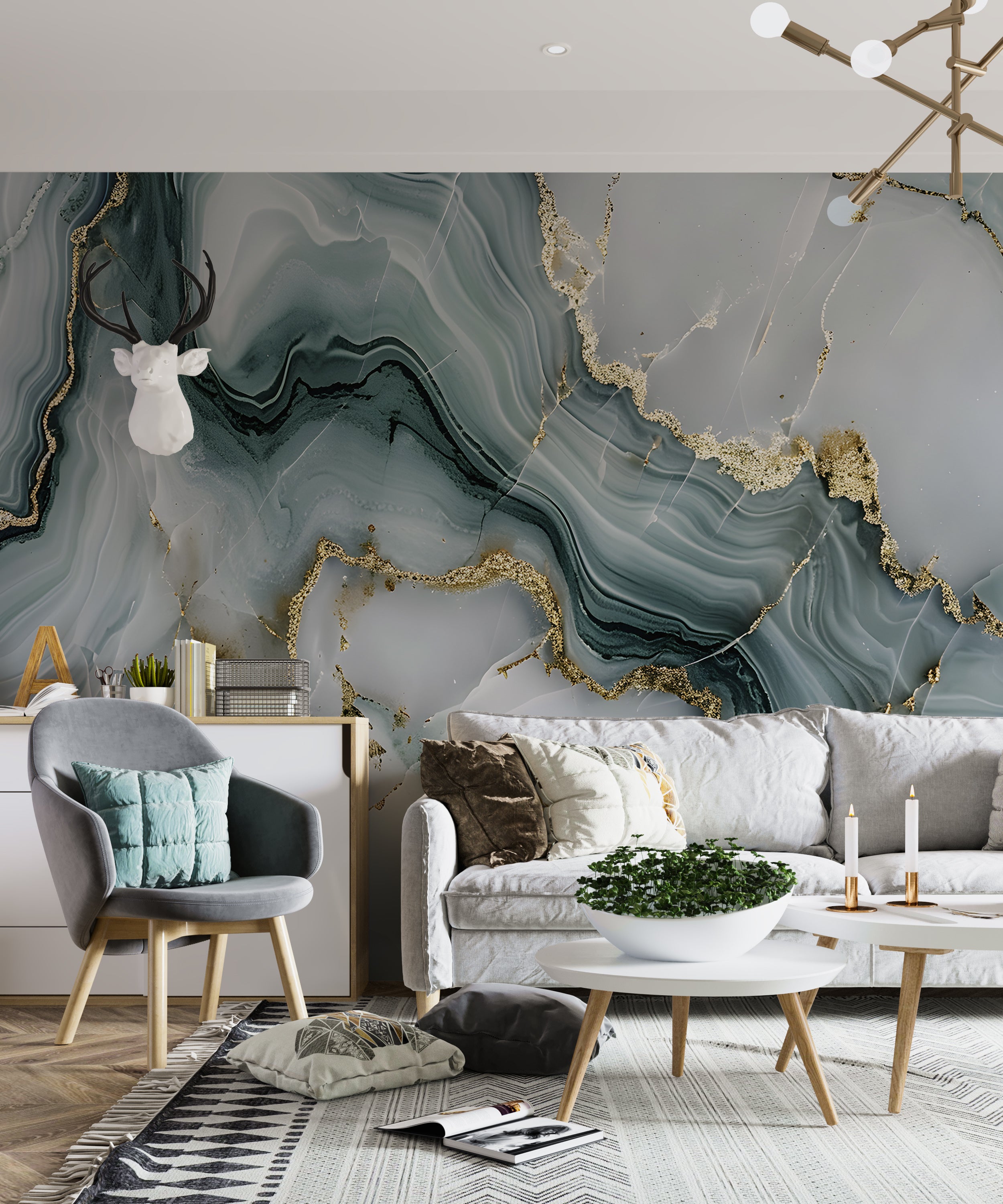 Mint Grey and Gold Alcohol Ink Mural, Peel and Stick Marble Texture Wallpaper, Abstract Green and Grey Stone Wall Decor, Removable Unique Art