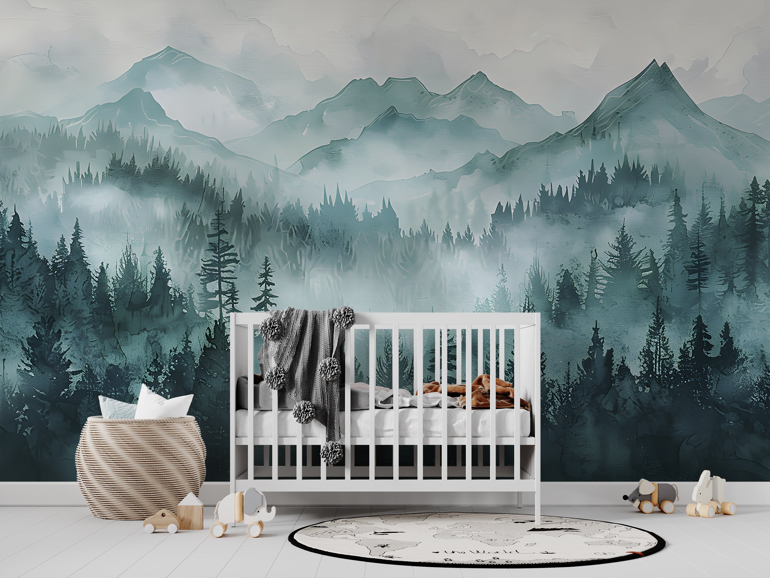 Watercolor Mountains and Forest Mural, Abstract Mint Mountain Wallpaper, Nursery Peel and Stick Soft Green Landscape Mural, PVC free Decor