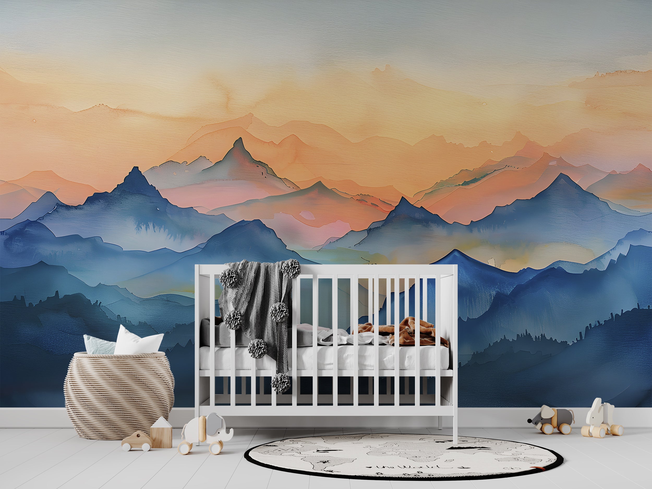 Mountain Sunset Mural, Pastel Blue and Orange Mountains Landscape, Peel and Stick Watercolor Nursery Wall Decor, Custom Size Unique Art