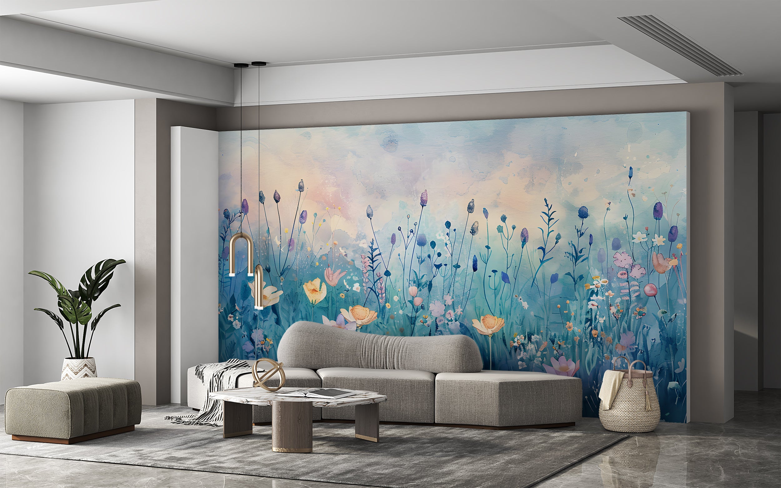 Blue Meadow Flowers Mural, Watercolor Flower Field Wallpaper, Pastel Colors Peel and Stick Floral Wall Mural, Removable Botanical Art, PVC-free