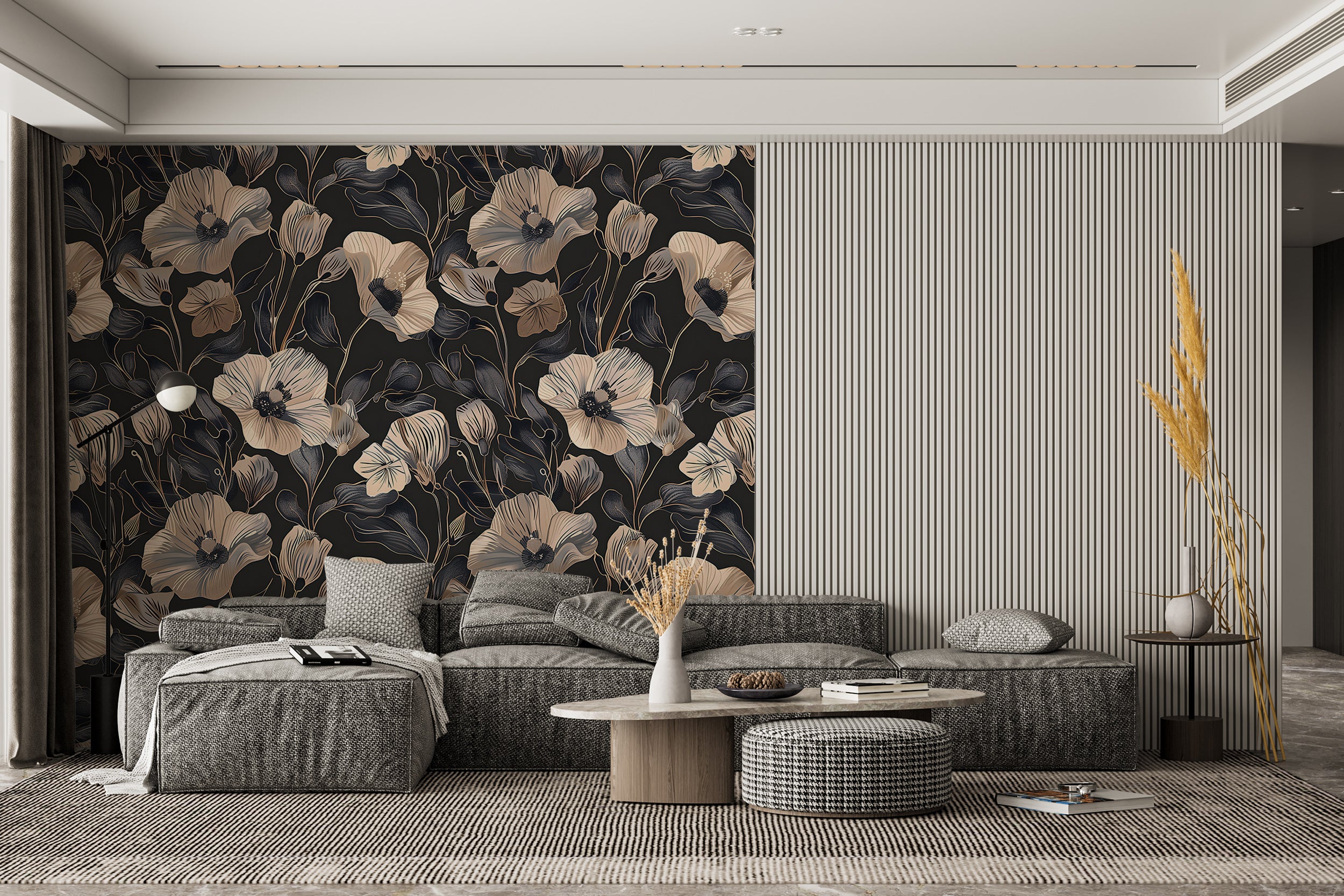 Dusty Rose and Dark Grey Floral Wallpaper, Peel and Stick Poppy Flowers Wall Decal, Removable Dark Botanical Decor, Pink & Black Flowers