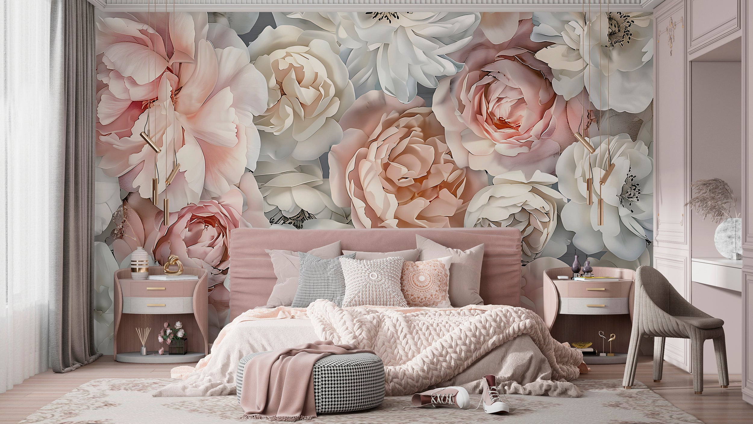 Large Peonies Wall Mural, Watercolor Pastel Pink and White Floral Wallpaper, Removable Peony Wall Decor, Unique Custom Size Botanical Art