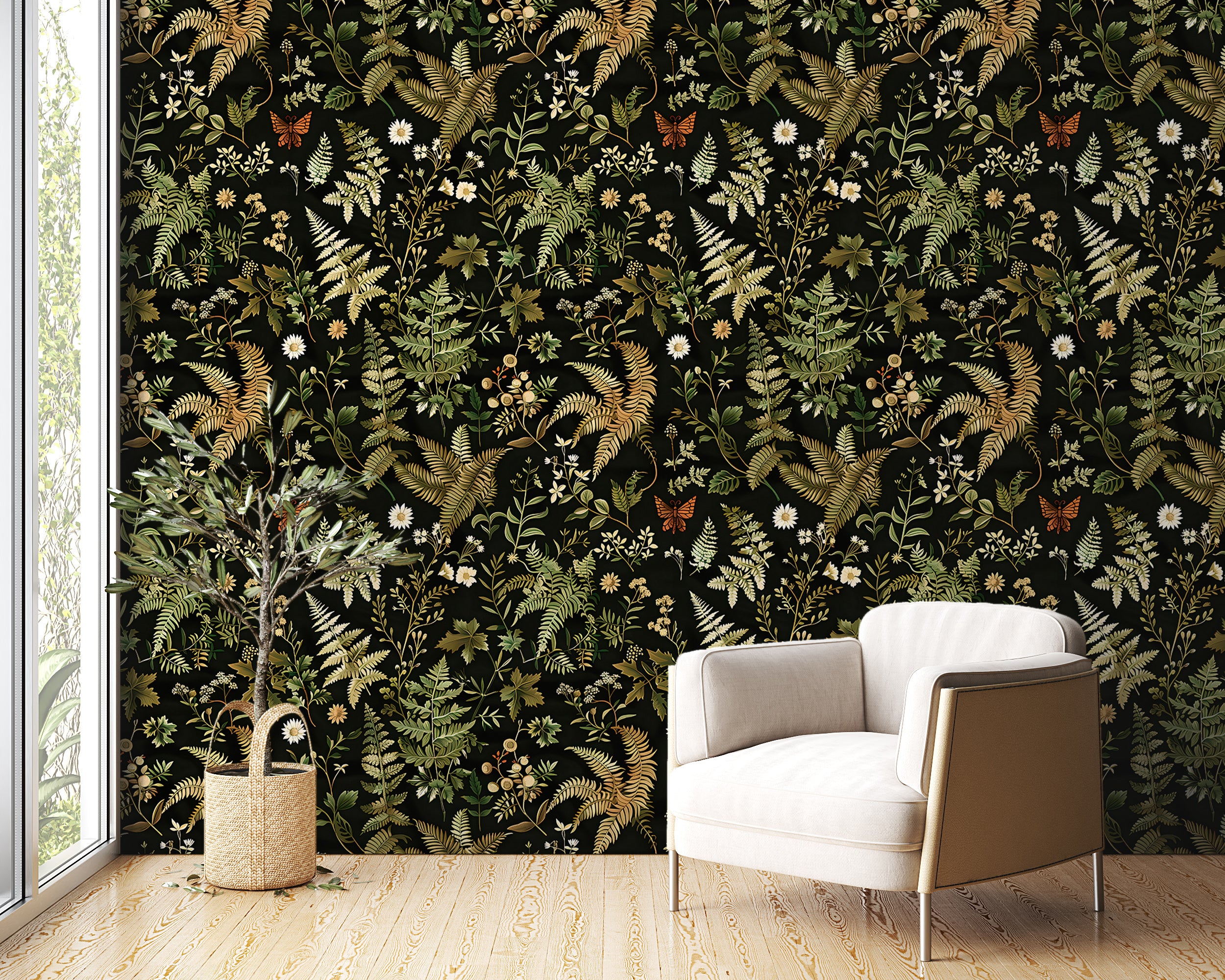 Dark Fern Botanical Pattern Wallpaper, Floral Leaves from Wild Forest Decal, Peel and Stick Removable Greenery Decor, PVC-free Black and Green