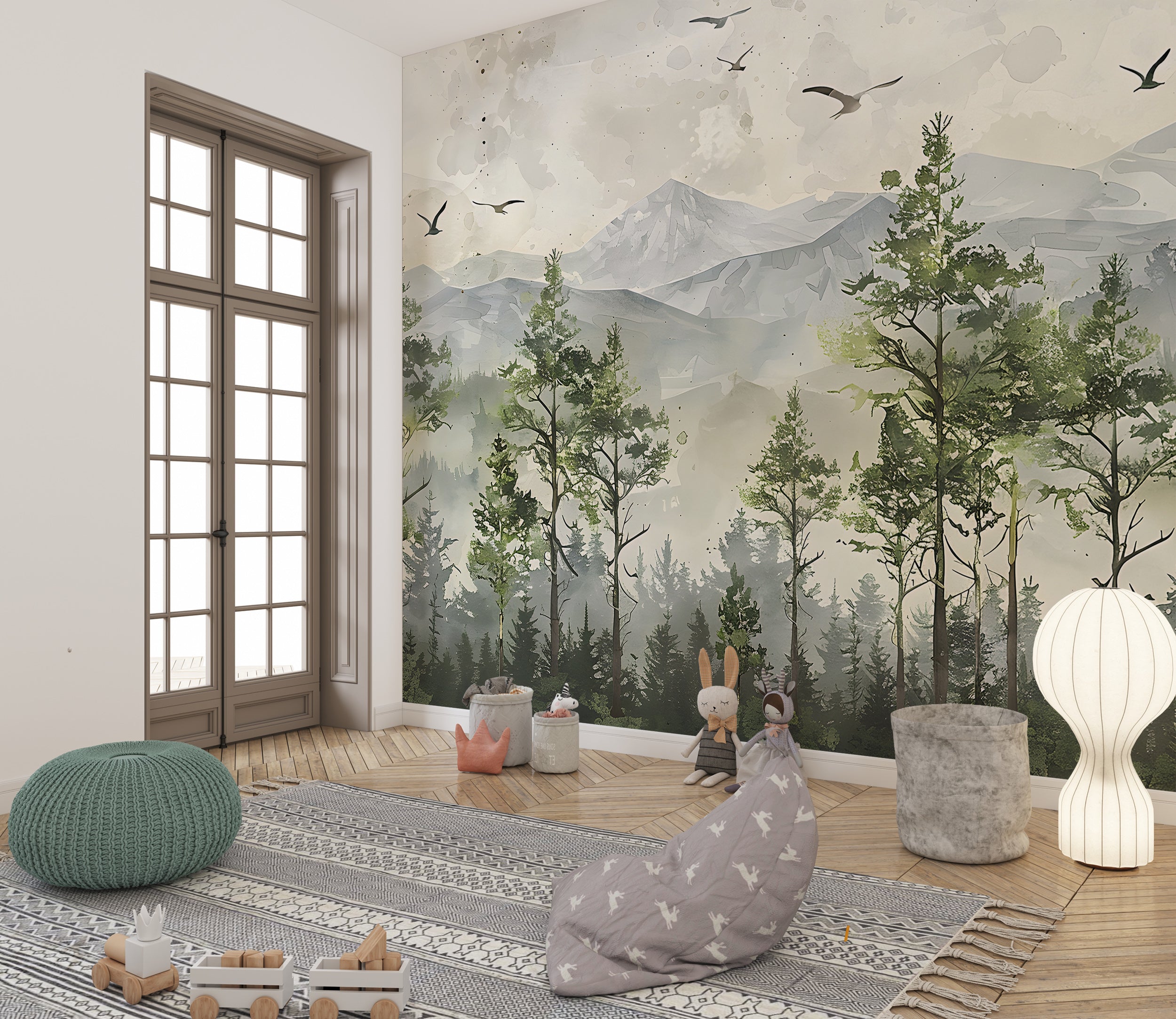 Watercolor Woodland Mural, Minimalistic Mountains and Forest Wallpaper, Peel and Stick Pastel Colors Landscape, Nursery Accent Wall Decor