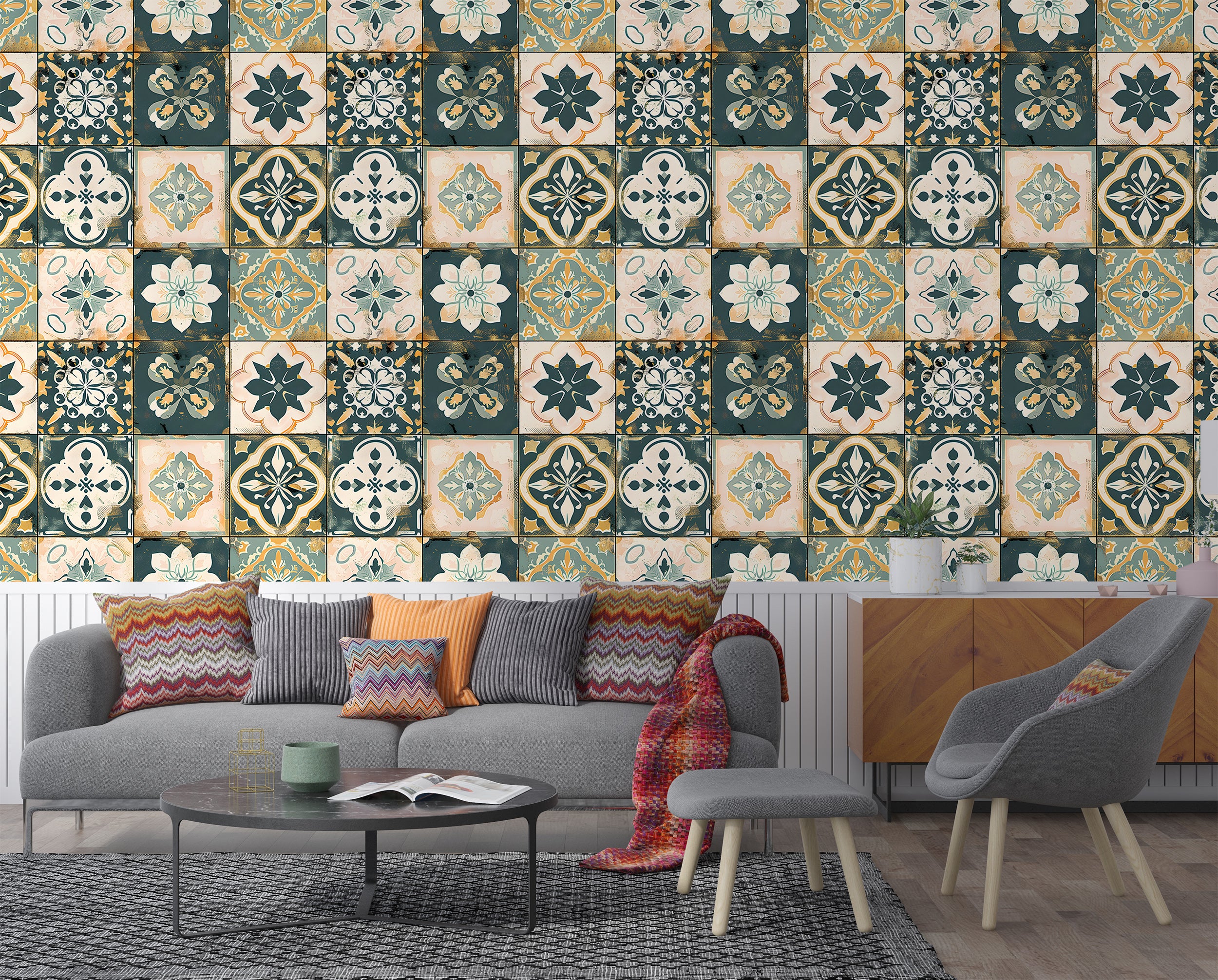 Patchwork Tiles Wallpaper, Peel and Stick Moroccan Wall Decal, Removable Floral Tile Style Wallpaper, Rustic Colors Vintage Wall Decor
