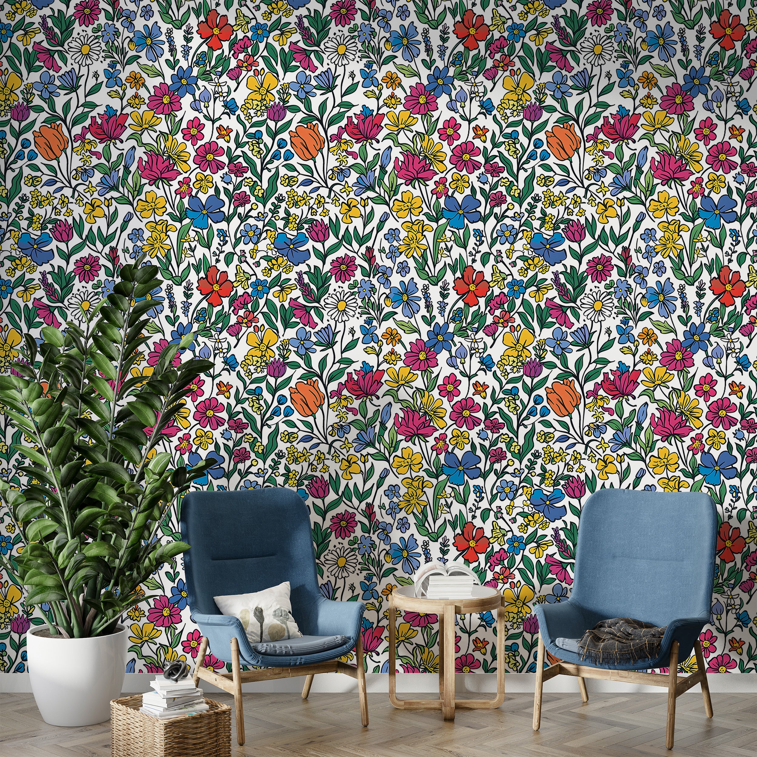 Colorful Floral Wallpaper, Watercolor Peel and Stick Meadow Flowers Wall Decal, Removable Cartoon Style Wild Flower Pattern Wallpaper