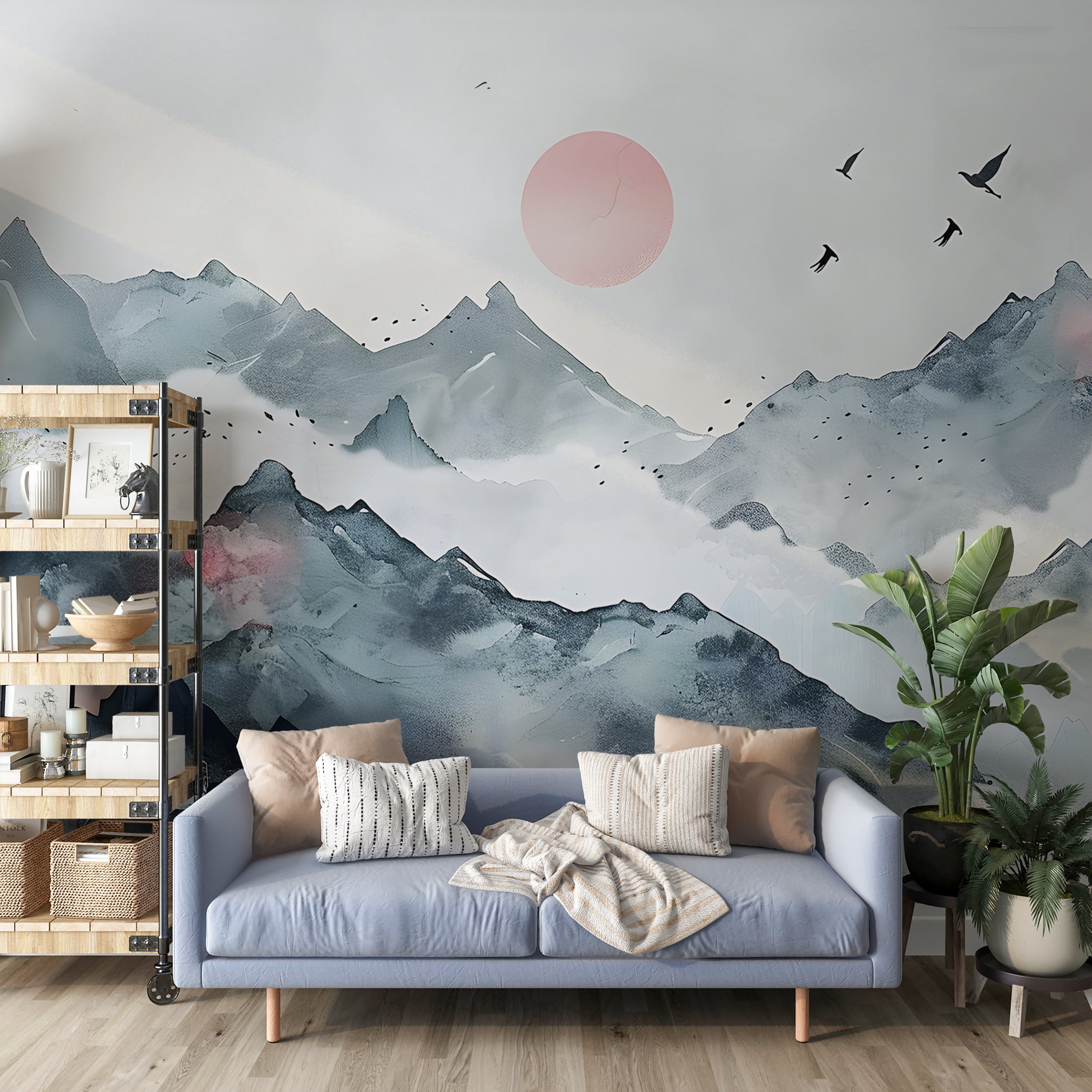 Abstract Mountains Sunset Mural, Watercolor Japanese Landscape Wallpaper, Peel and Stick Removable Green Foggy Mountain Wall Decal
