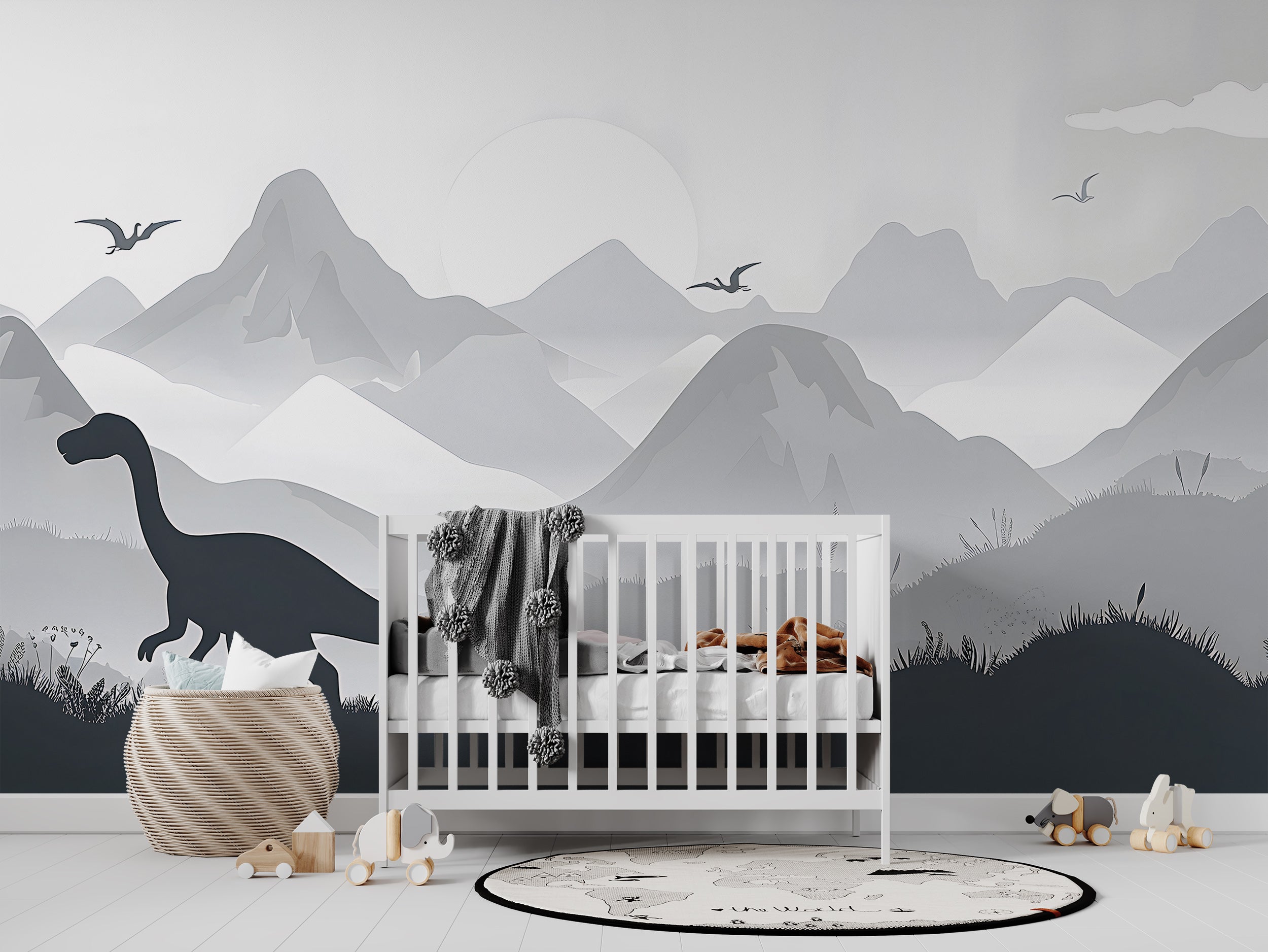 Dinosaur Wall Mural, Ancient World Nursery Wallpaper, Self-adhesive Grey Mountains Landscape Playroom Mural, PVC-free Decal