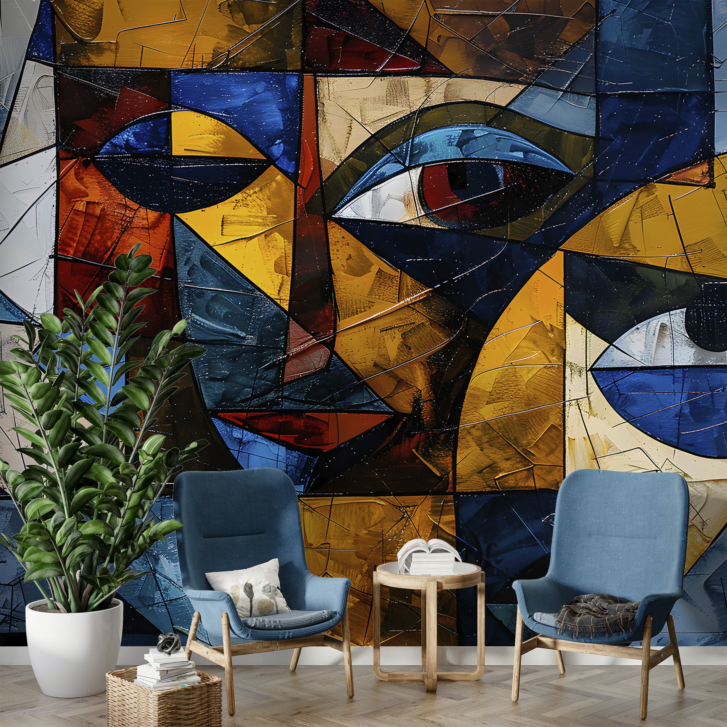 Abstract Mural in Cubism Style, Peel and Stick Colorful Modern Wallpaper, Removable Abstract Faces Wall Decal, Accent Wall Art