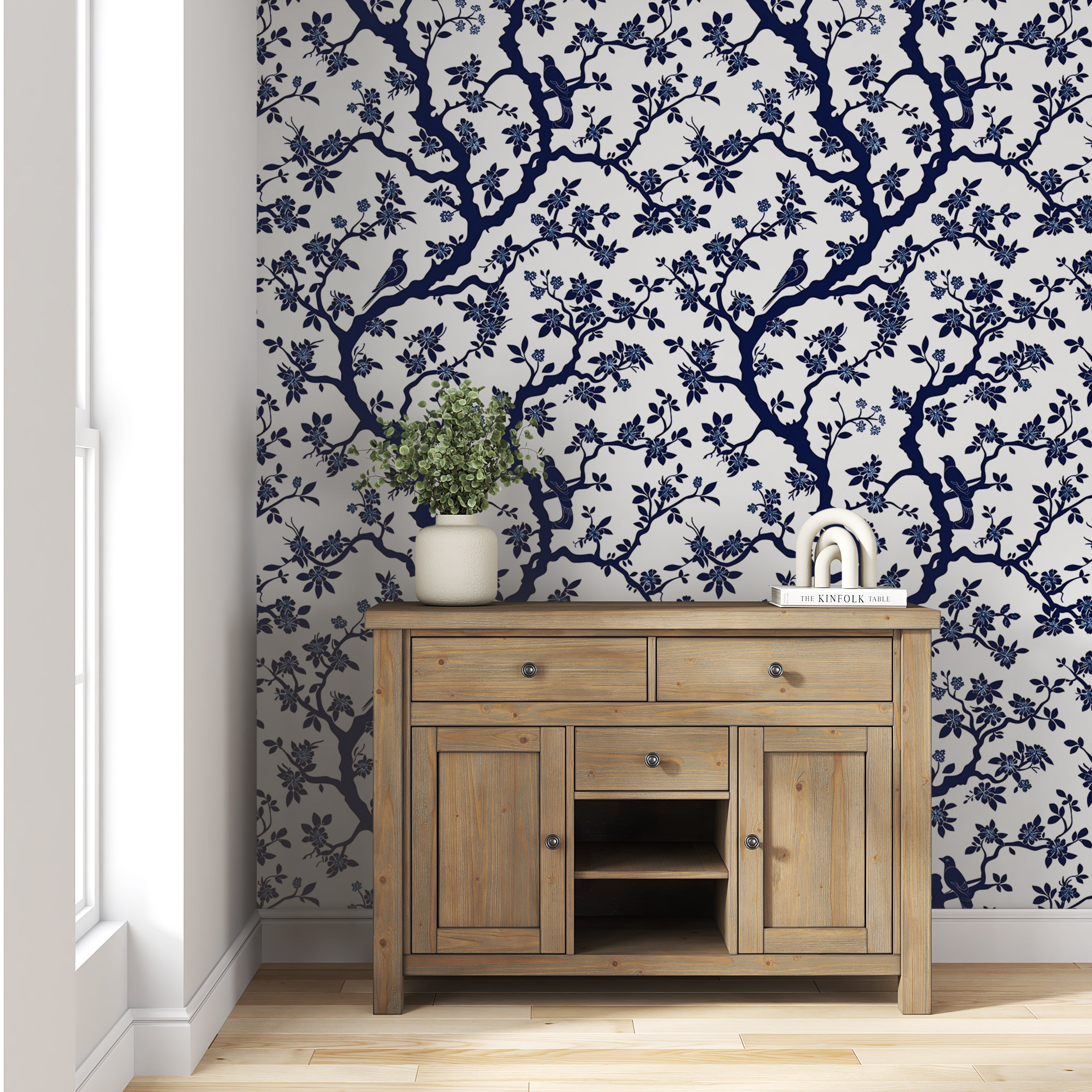 Blue and White Chinoiserie Wallpaper, French Style Floral Wall Decor, Peel and Stick Blue Botanical Wallpaper, Removable Flowers & Birds