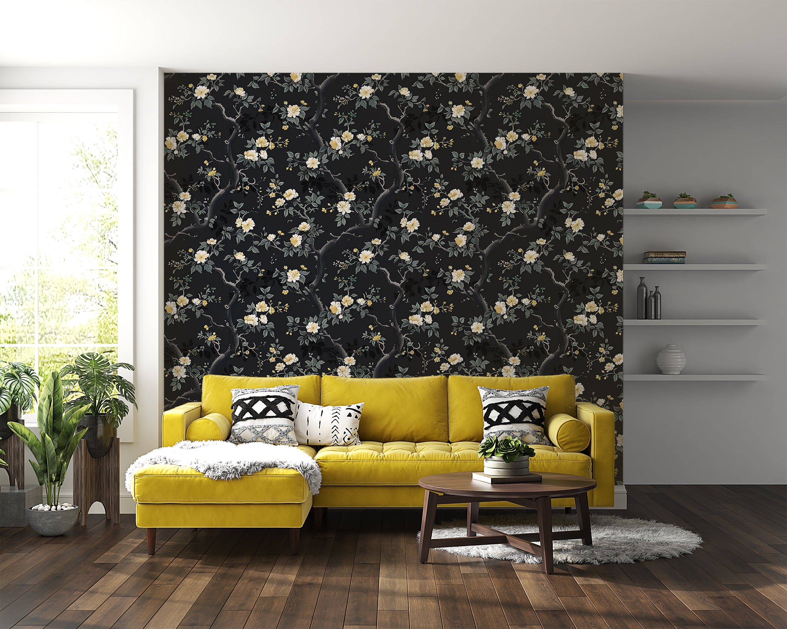 Black Chinoiserie Wallpaper, Peel and Stick Dark Floral, Removable Dark Leaves and Branches Wallpaper, Small Flowers Wallpaper