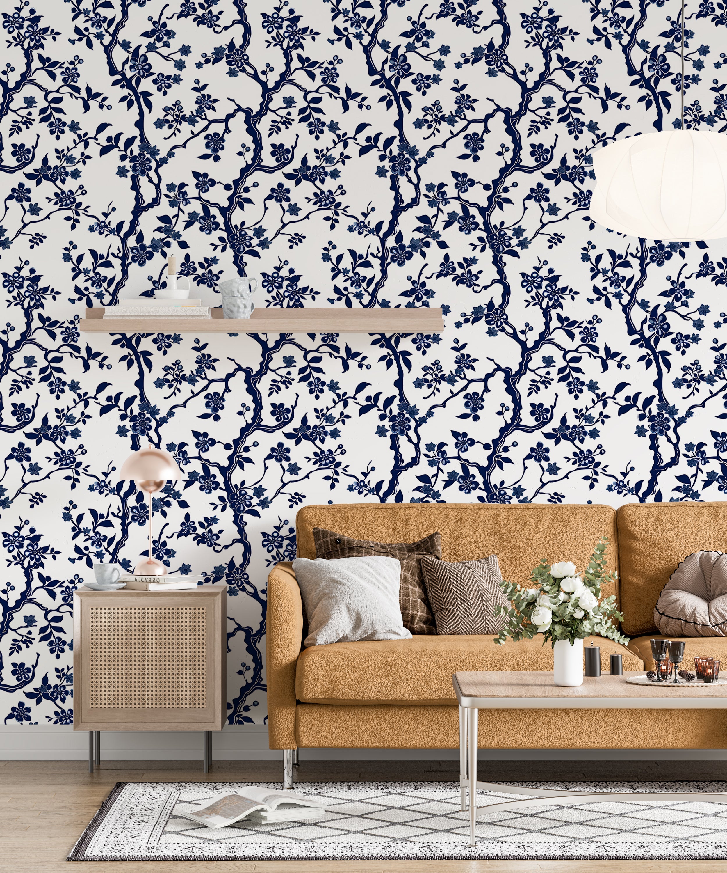 Blue Branches with Leaves and Flowers Wallpaper, Peel and Stick Blossom Tree Wallpaper, Blue and White Botanical, Chinoiserie Floral Decor