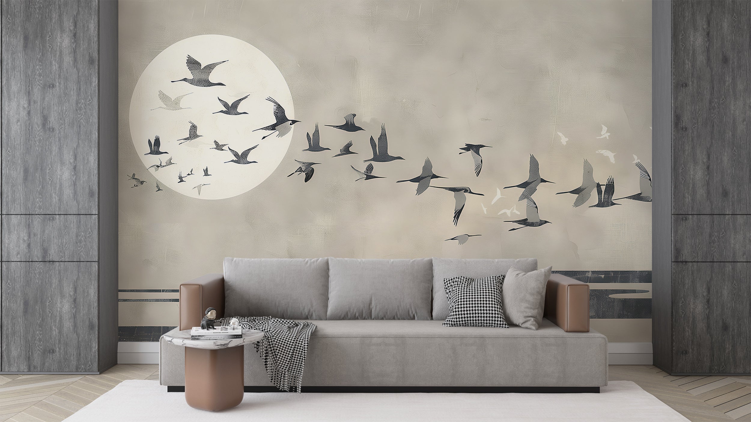 Birds and Sun Wall Mural, Abstract Beige Japanese Style Wallpaper, Peel and Stick Nature Wall Art, Minimalistic Bird Swallow Wallpaper