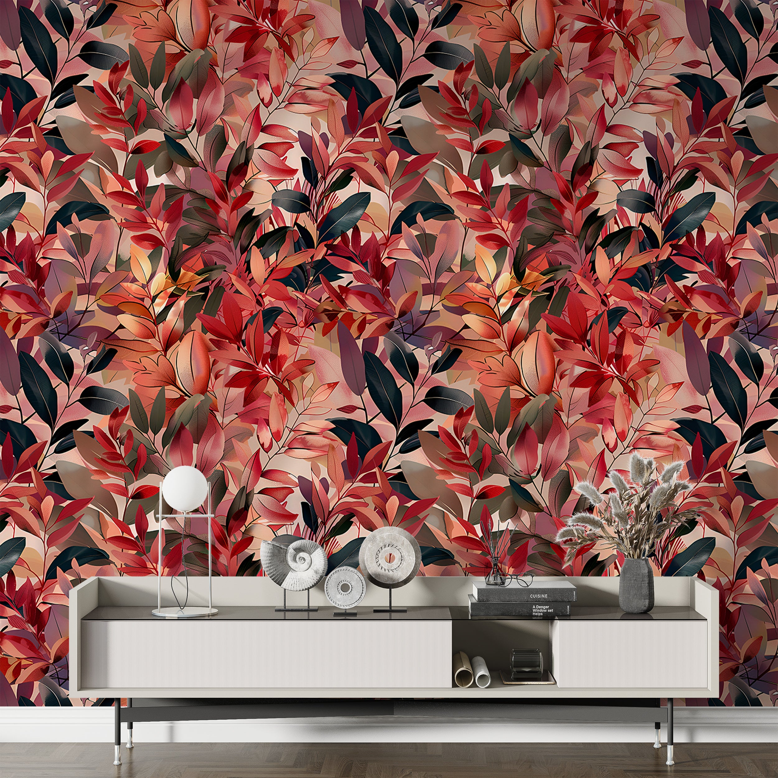 Red Botanical Wallpaper, Dark Red and Black Leaves Wallpaper, Colorful Peel and Stick Leaf Wall Decor, Autumn Tree Leaves Wallpaper