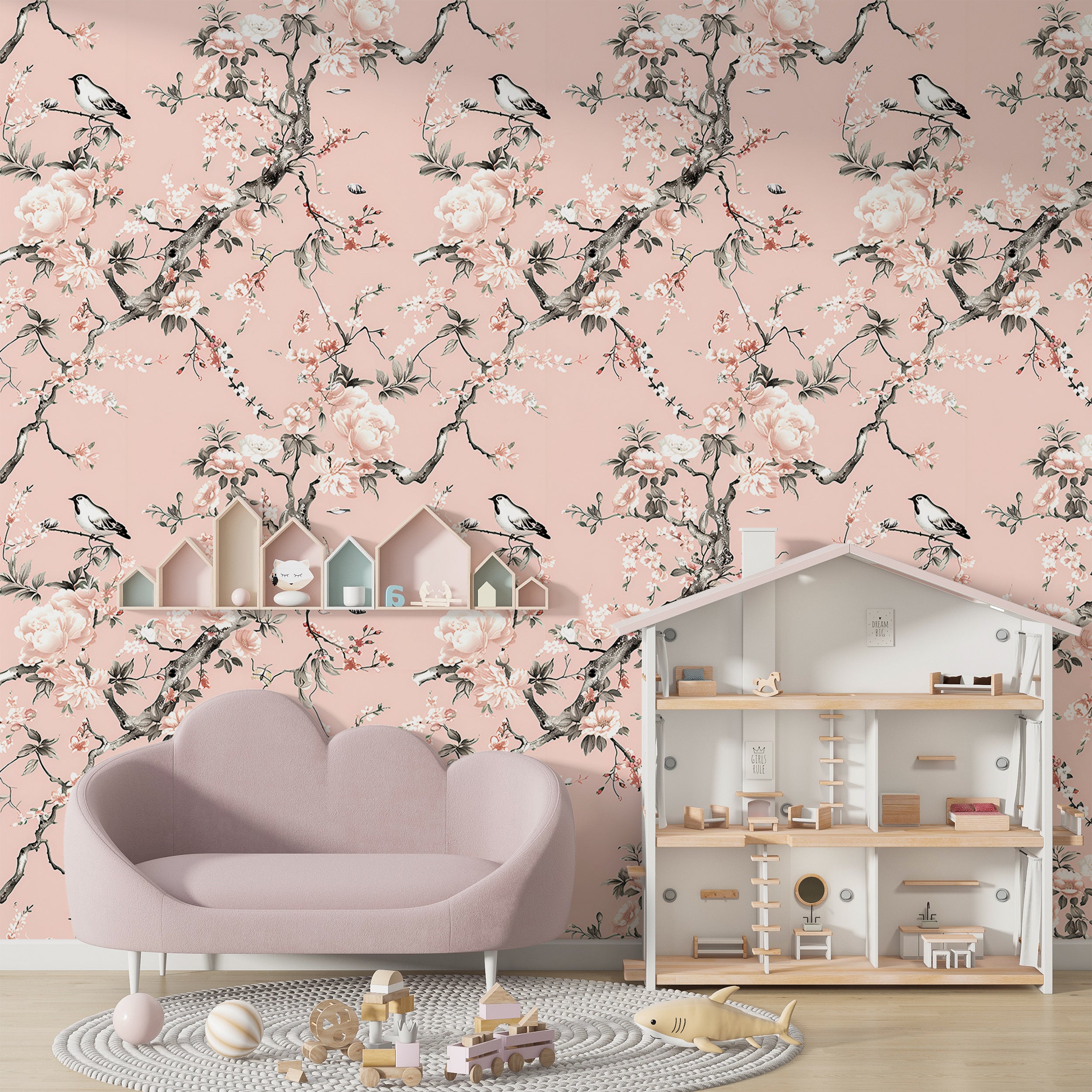 Soft Pink Chinoiserie Wallpaper, Peel and Stick Pink Floral Wallpaper, Blossom Branches Wall Decor, Removable Pink Botanical Wallpaper