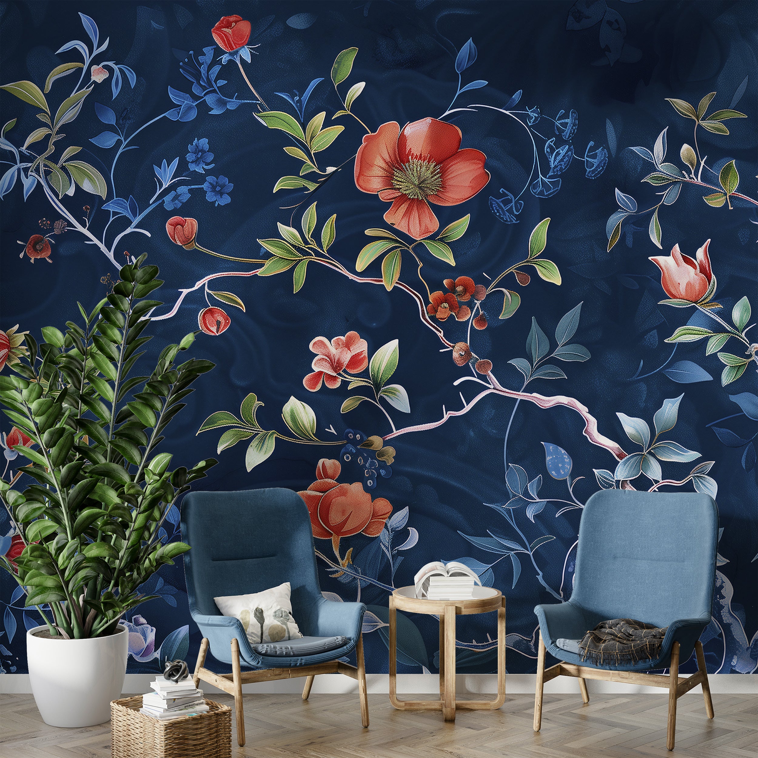 Dark Blue Floral Mural, Peel and Stick Blue Chinoiserie Wallpaper, Red Flowers on Dark Blue Background Art, Removable Flower Branch Decor