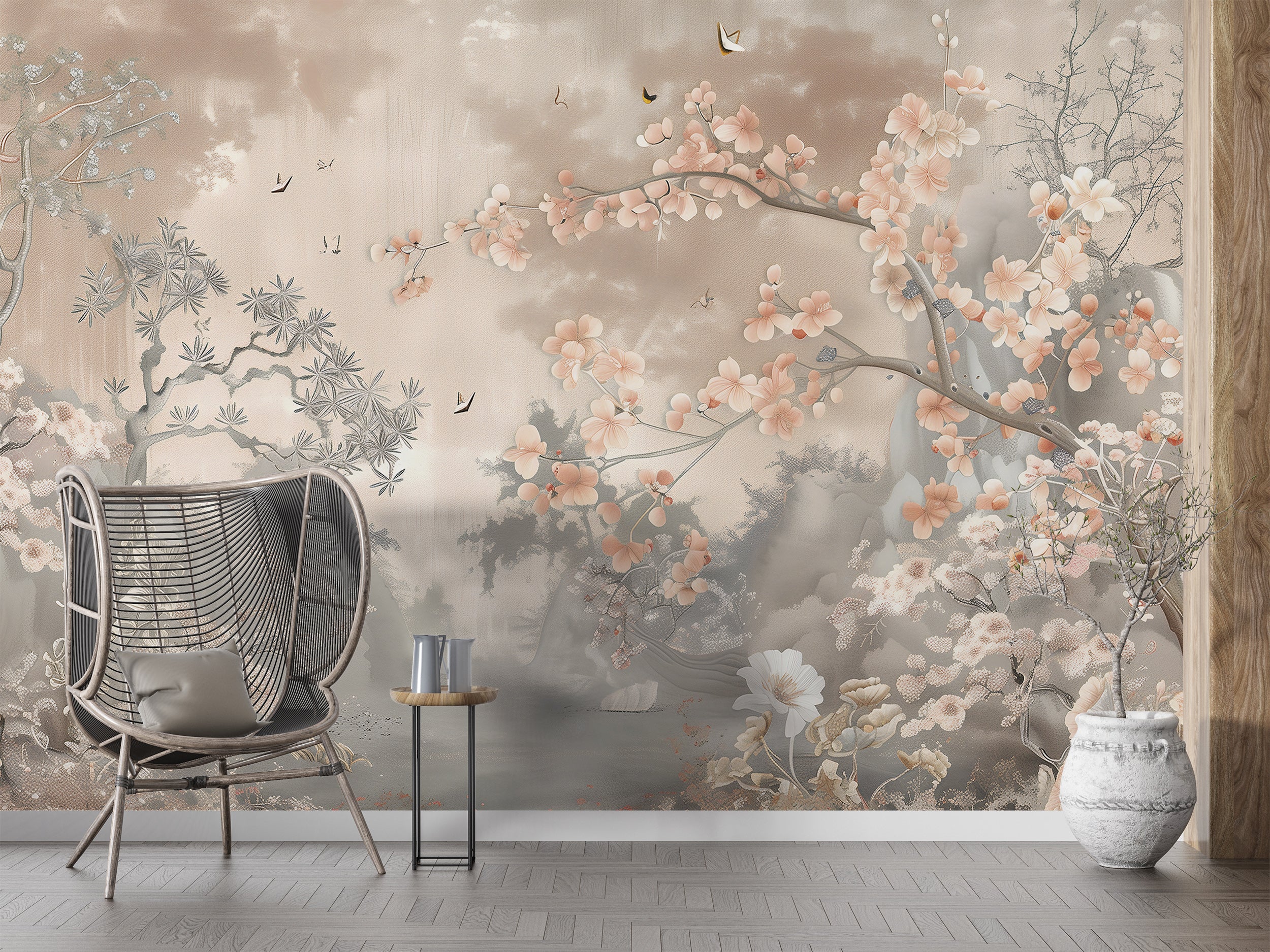 Dusty Rose Chinoiserie Wall Mural, Soft Pink Japanese Forest Mural, Peel and Stick Sakura Tree Wallpaper, Blossom Forest Wall Decor