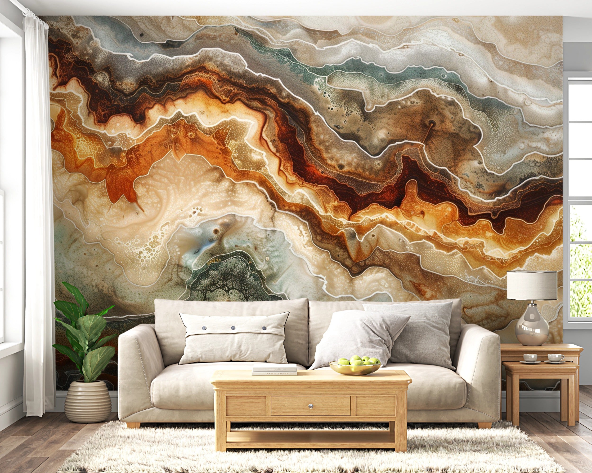 Earth Tones Marble Mural, Peel and Stick Natural Dark Marble Wallpaper, Removable Green Brown Stone Texture Surface Decor