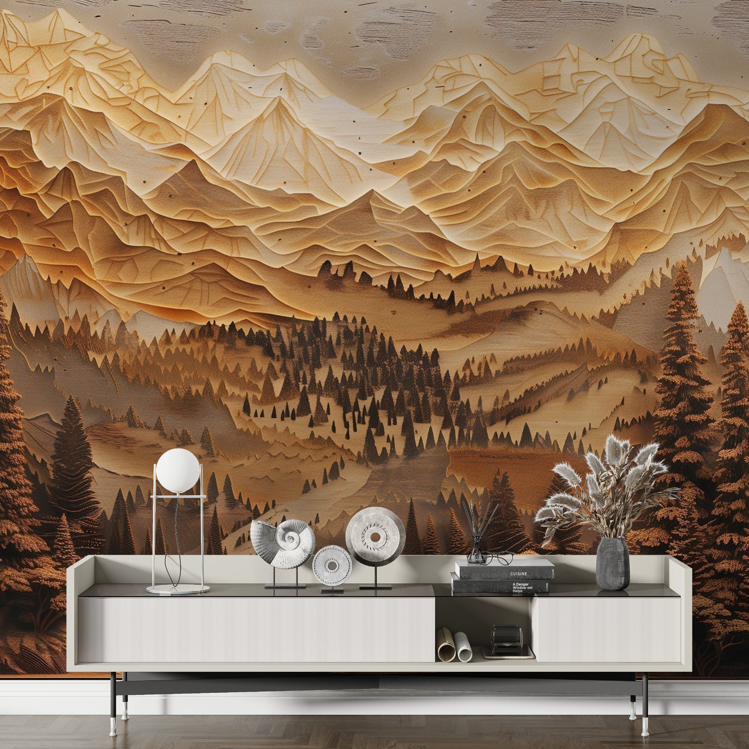 Mountains and Pine Trees in Wood Carving Style Mural, Peel and Stick Wooden Look Landscape Art, Beige and Brown Nature Wallpaper