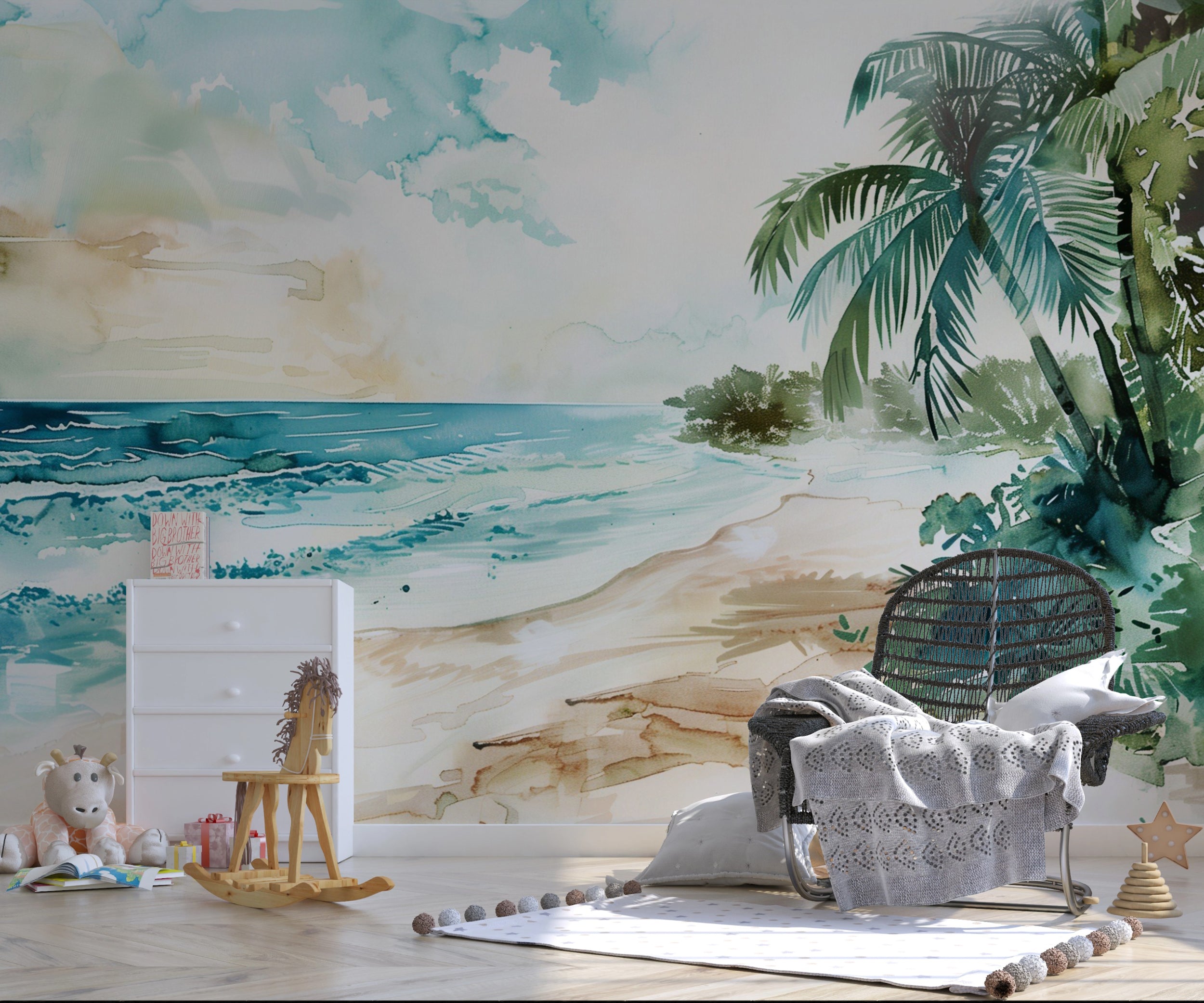 Coastal Mural, Peel and Stick Watercolor Paradise Beach Wallpaper, Ocean and Palm Tree Dreamy Wall Decor