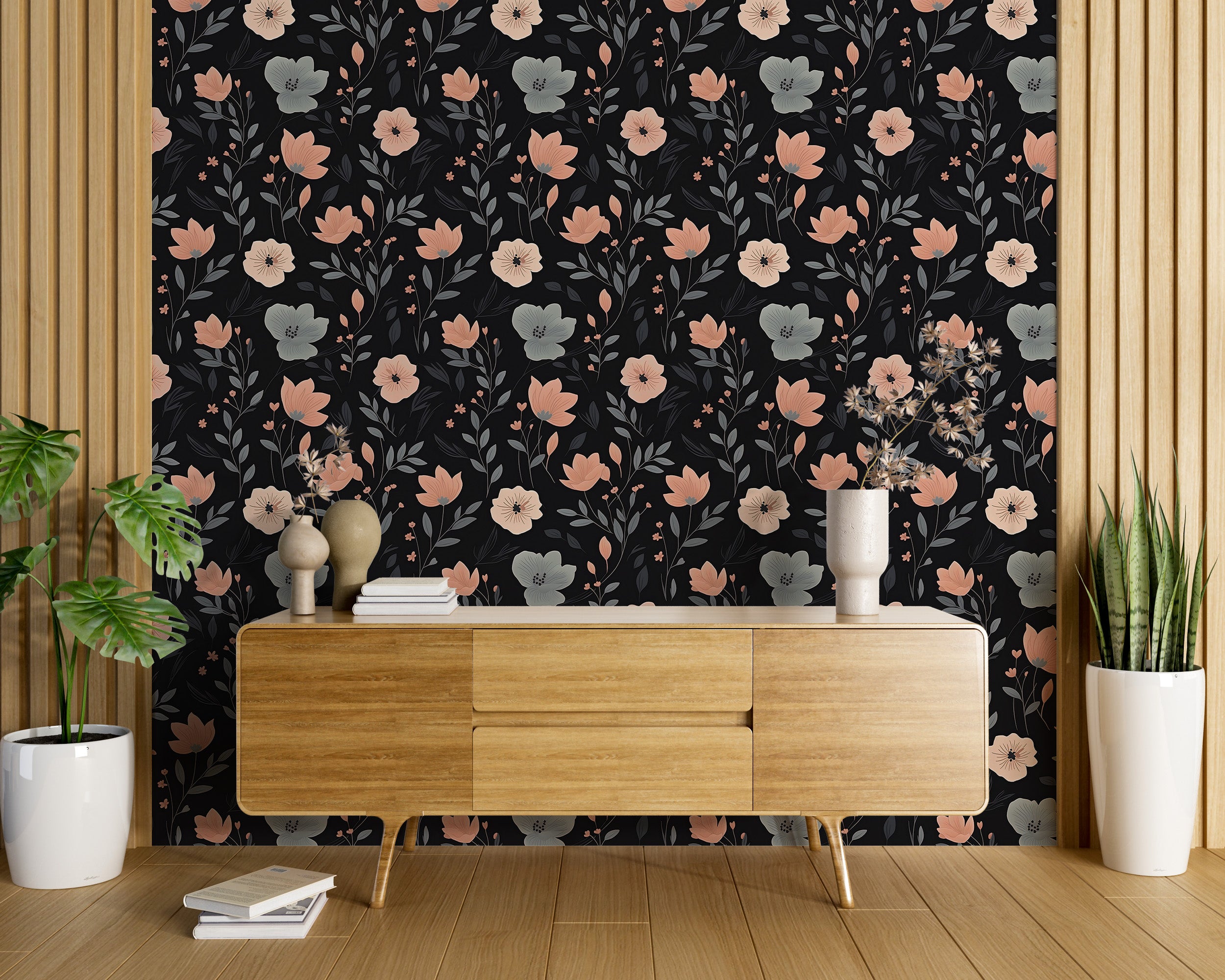 Dark Floral Wallpaper in Elegant Room Setting