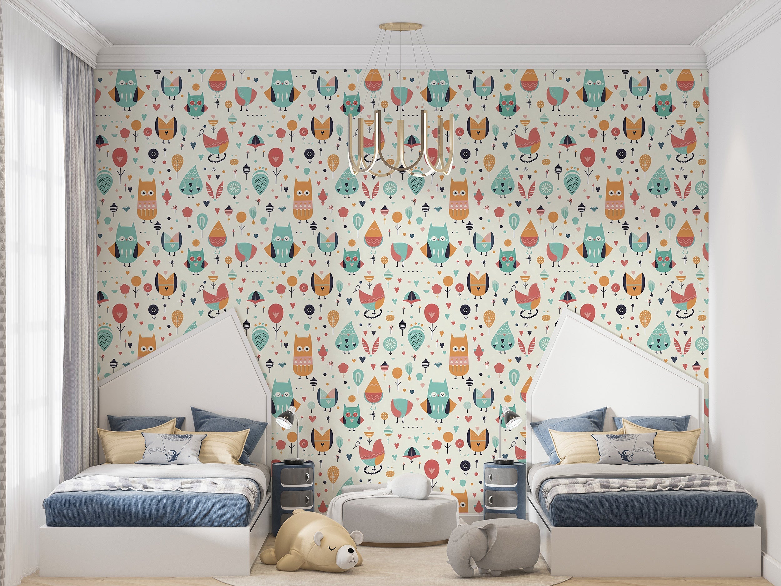 Nursery Birds Pattern Wallpaper with Owl Motifs